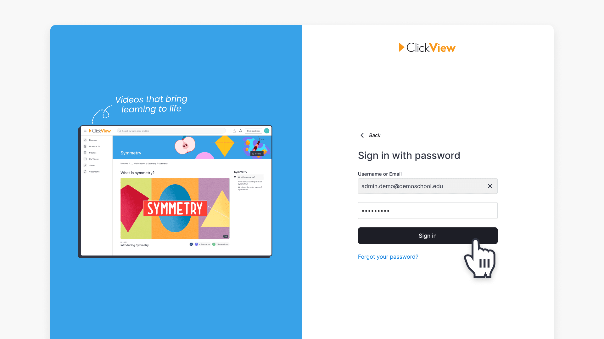 Hand pointing over the 'Sign in' button