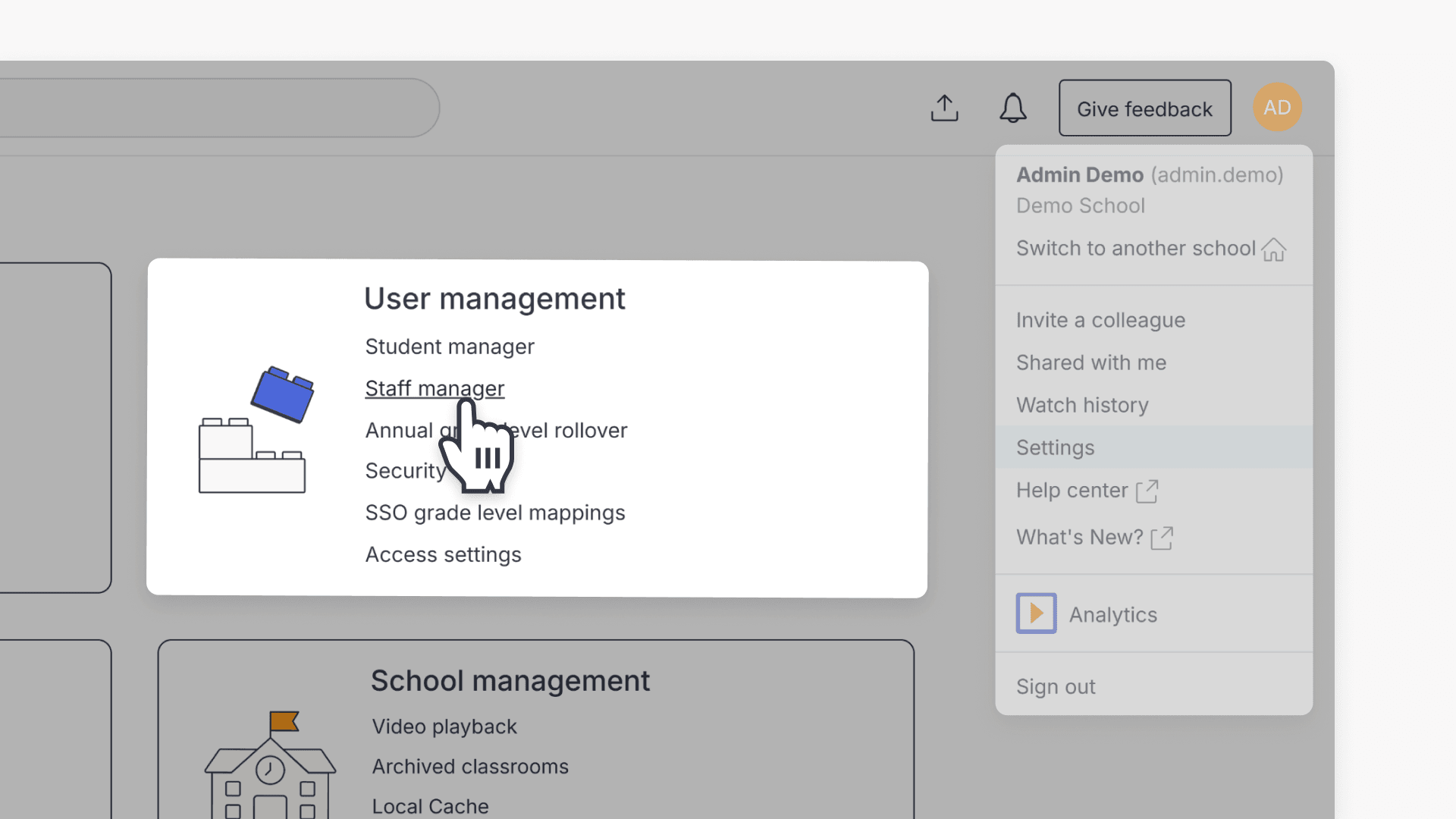 Hand pointing over the "Staff manager" under the User management