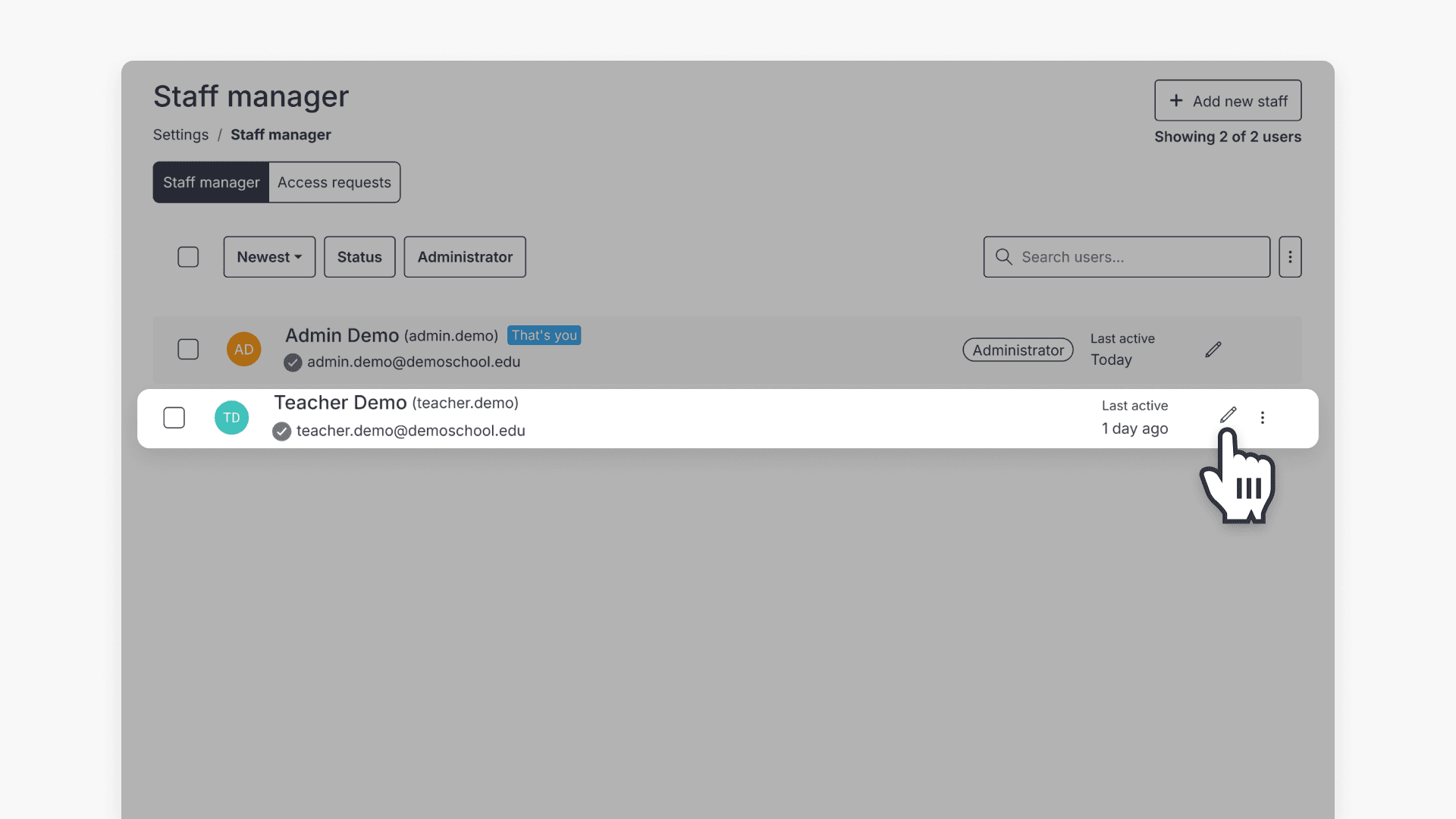 Hand pointing over the grey pen icon in the Staff manager page