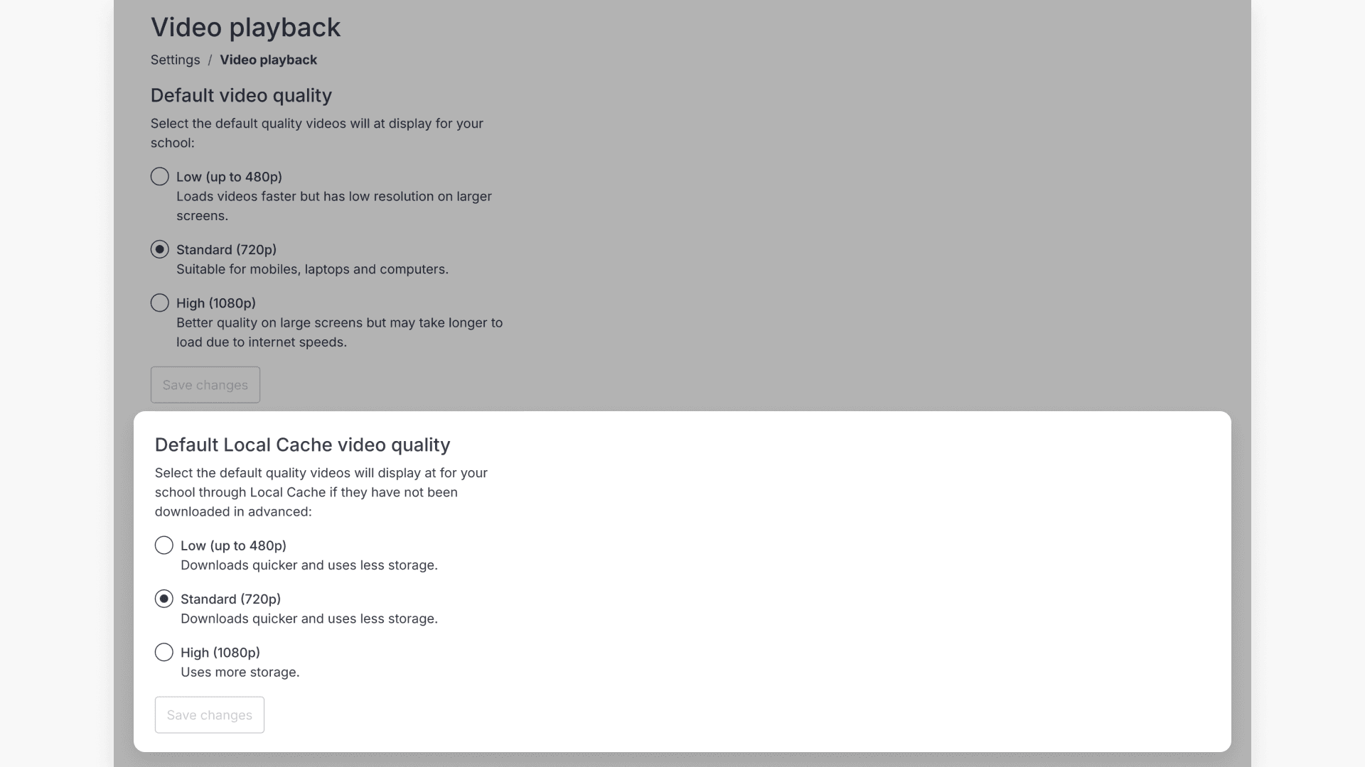 Default Local Cache video quality settings in ClickView