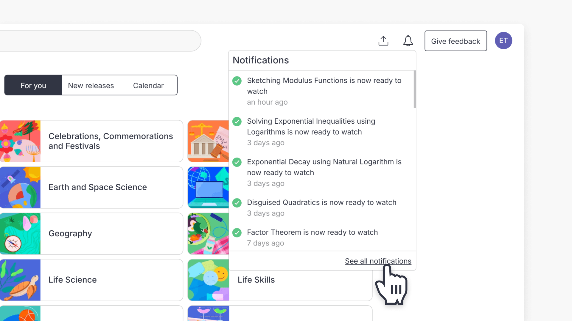 Hand pointing in the 'See all notifications' link