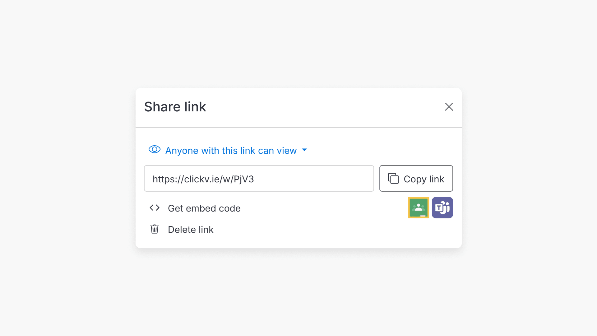 'Share link' pop-up window