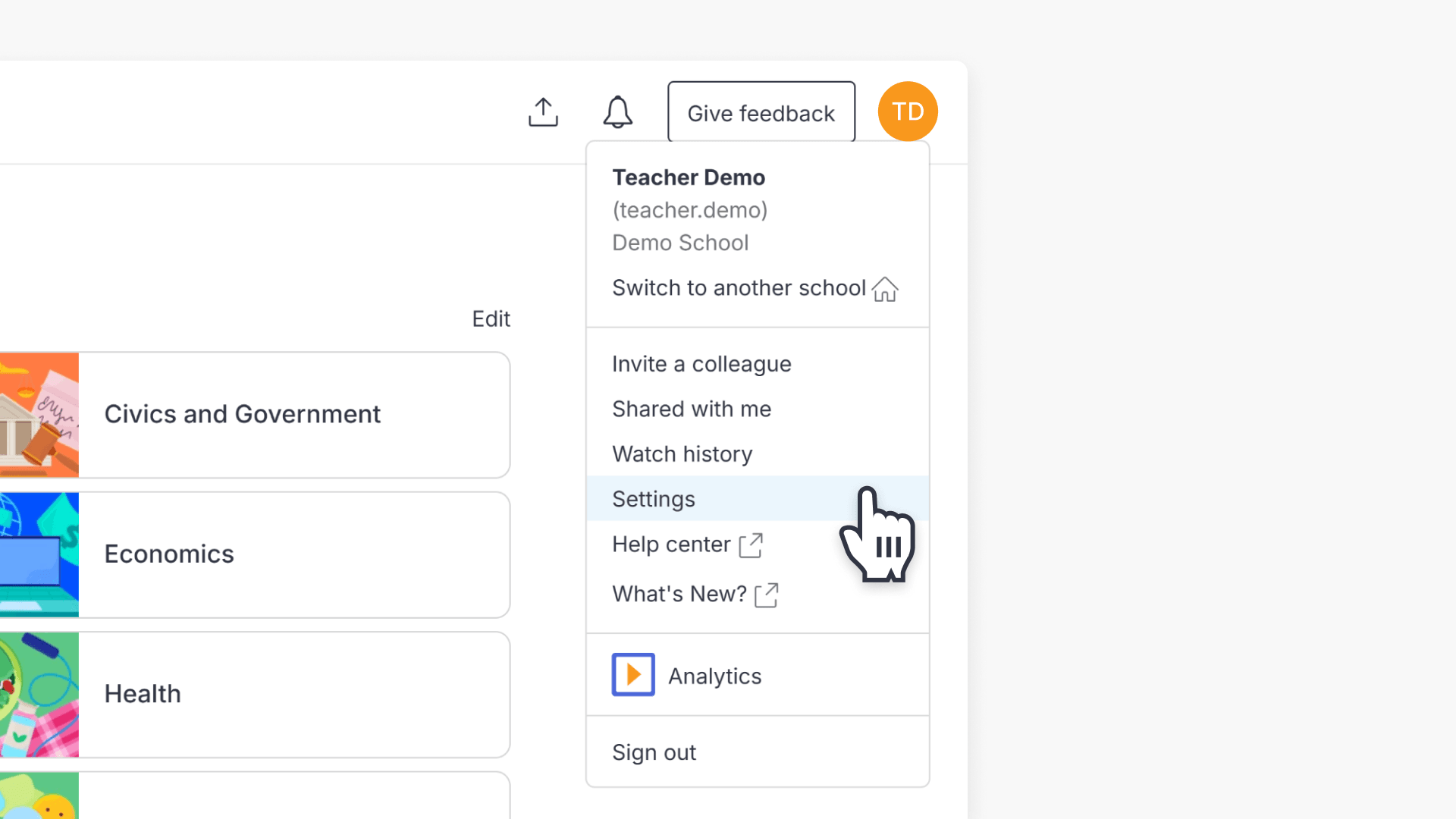 Hand pointing over the Settings option under the account profile