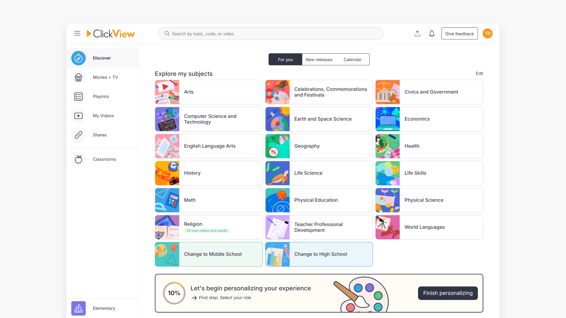 ClickView Discover page