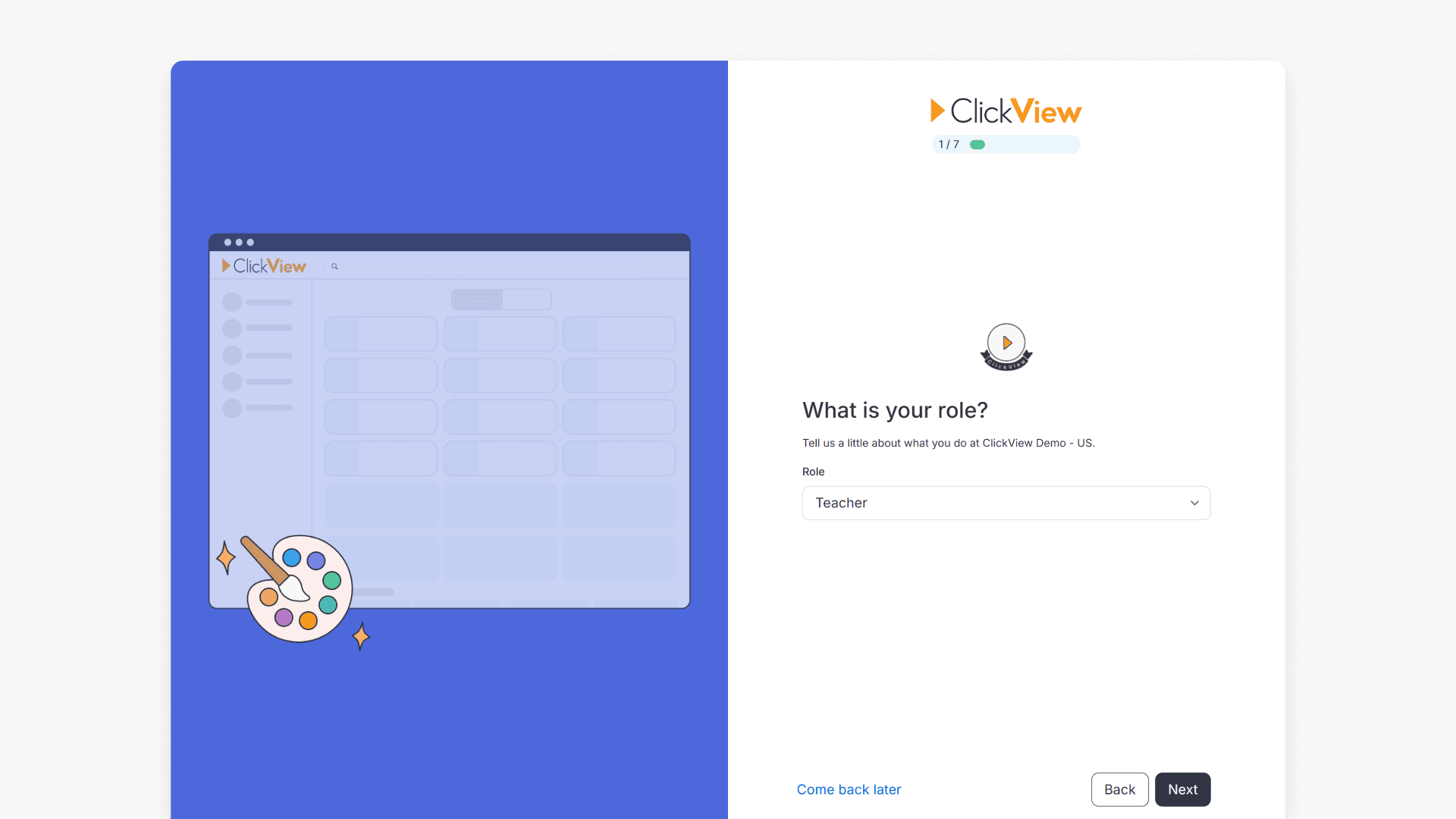 'What is your role' step in ClickView onboarding