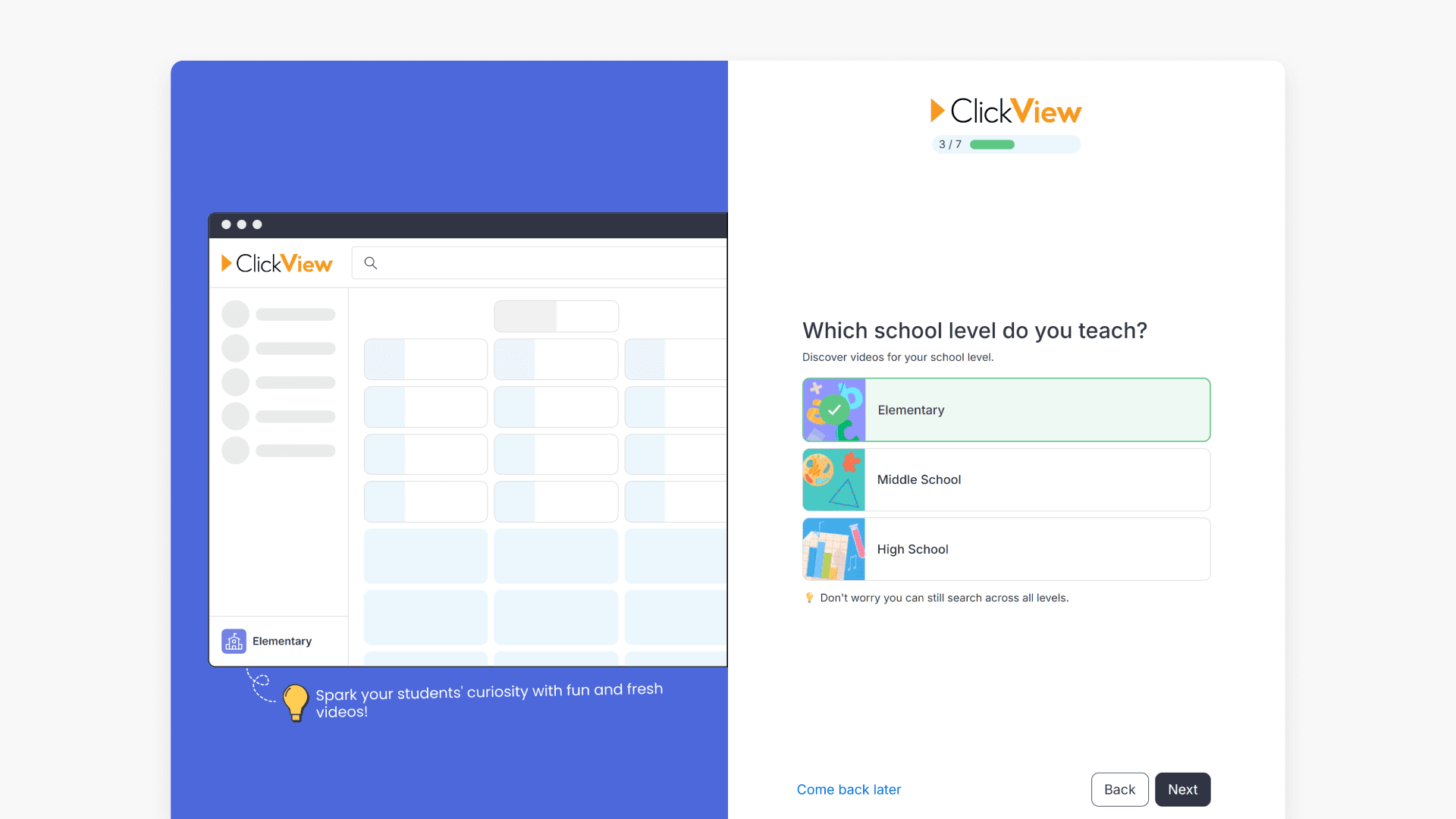 'Which school level do you teach?' step in ClickView onboarding