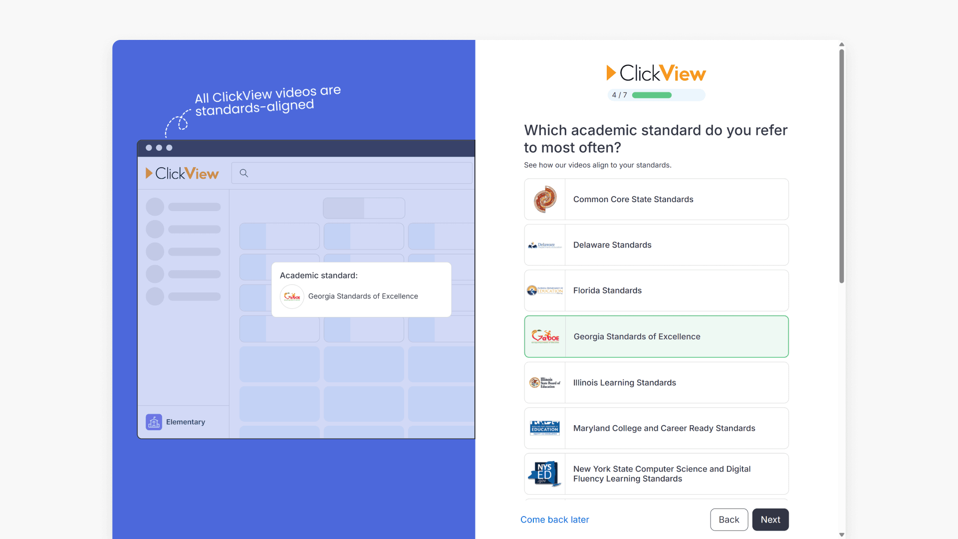 'Which academic standard do you refer to most often?' step in ClickView onboarding