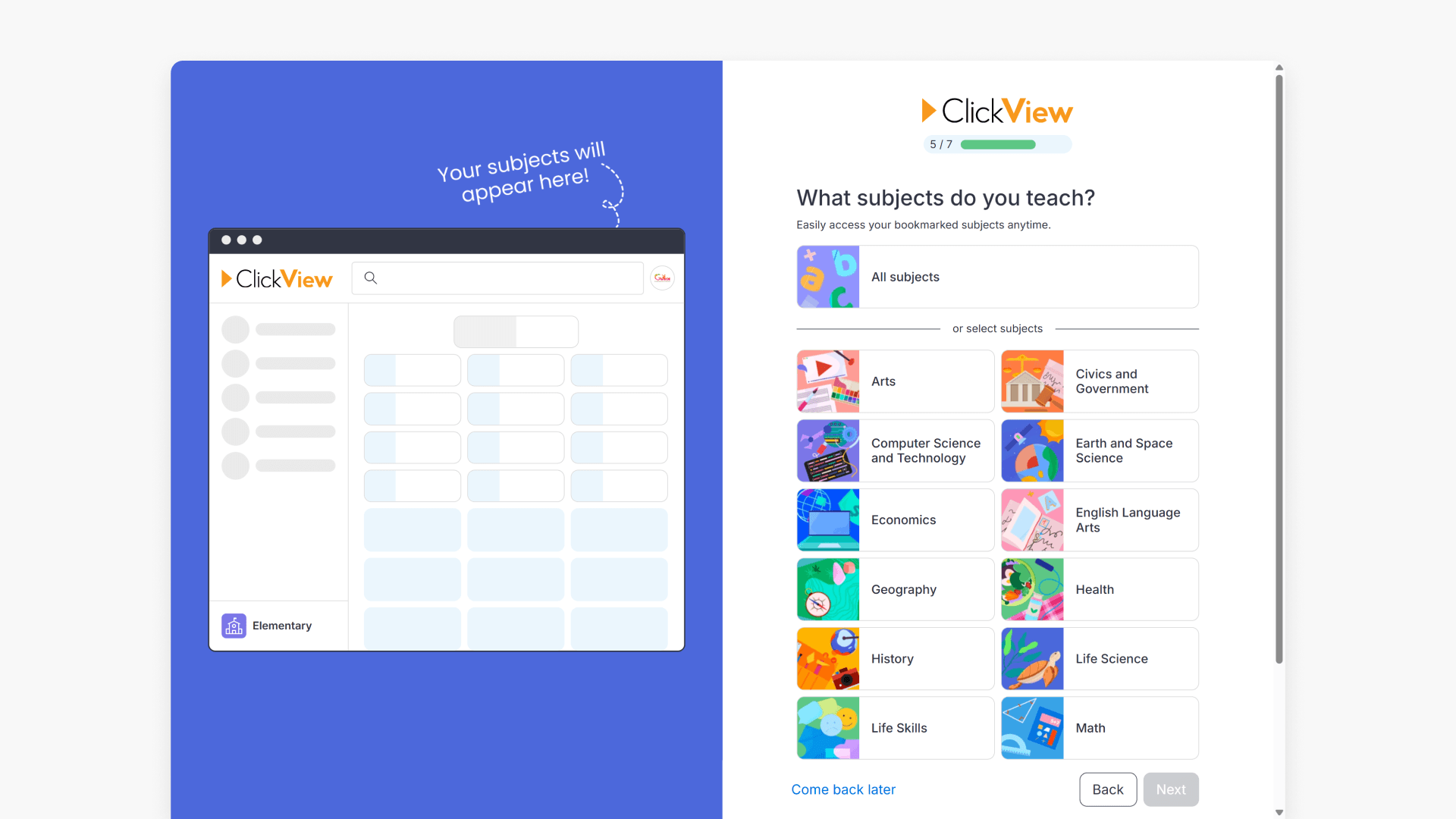 'What subjects do you teach?' step in ClickView onboarding