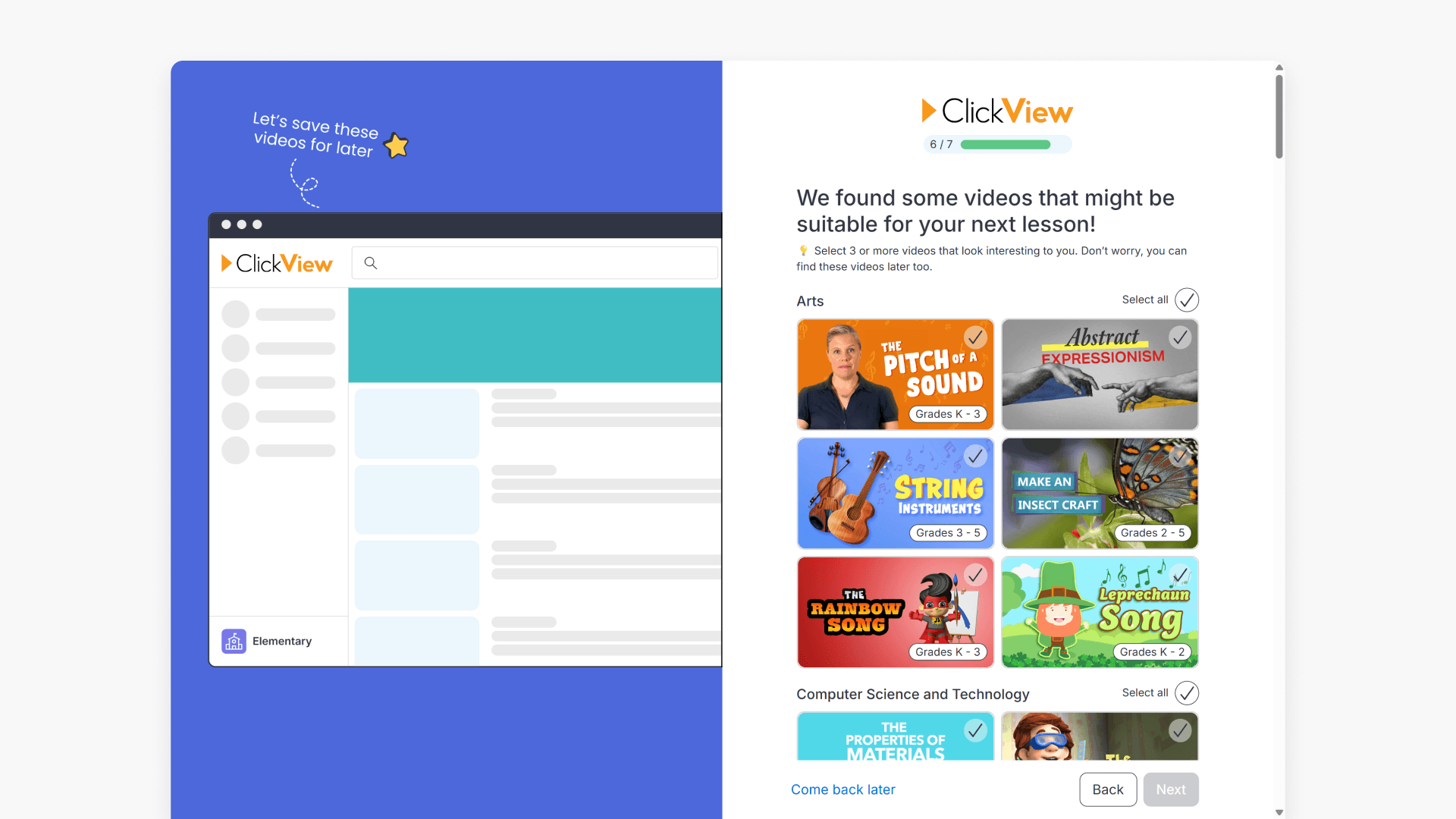'Select 3 or more videos that look interesting to you.' step in ClickView onboarding