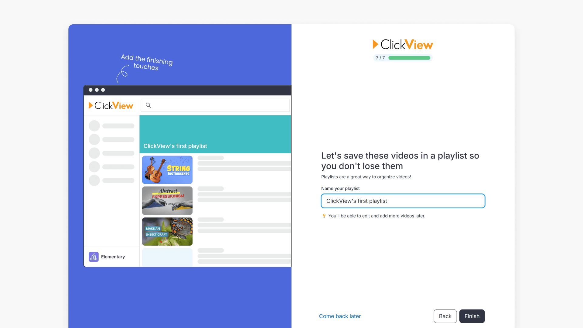 'Let's save these videos in a playlist so you don't lose them' step in ClickView onboarding