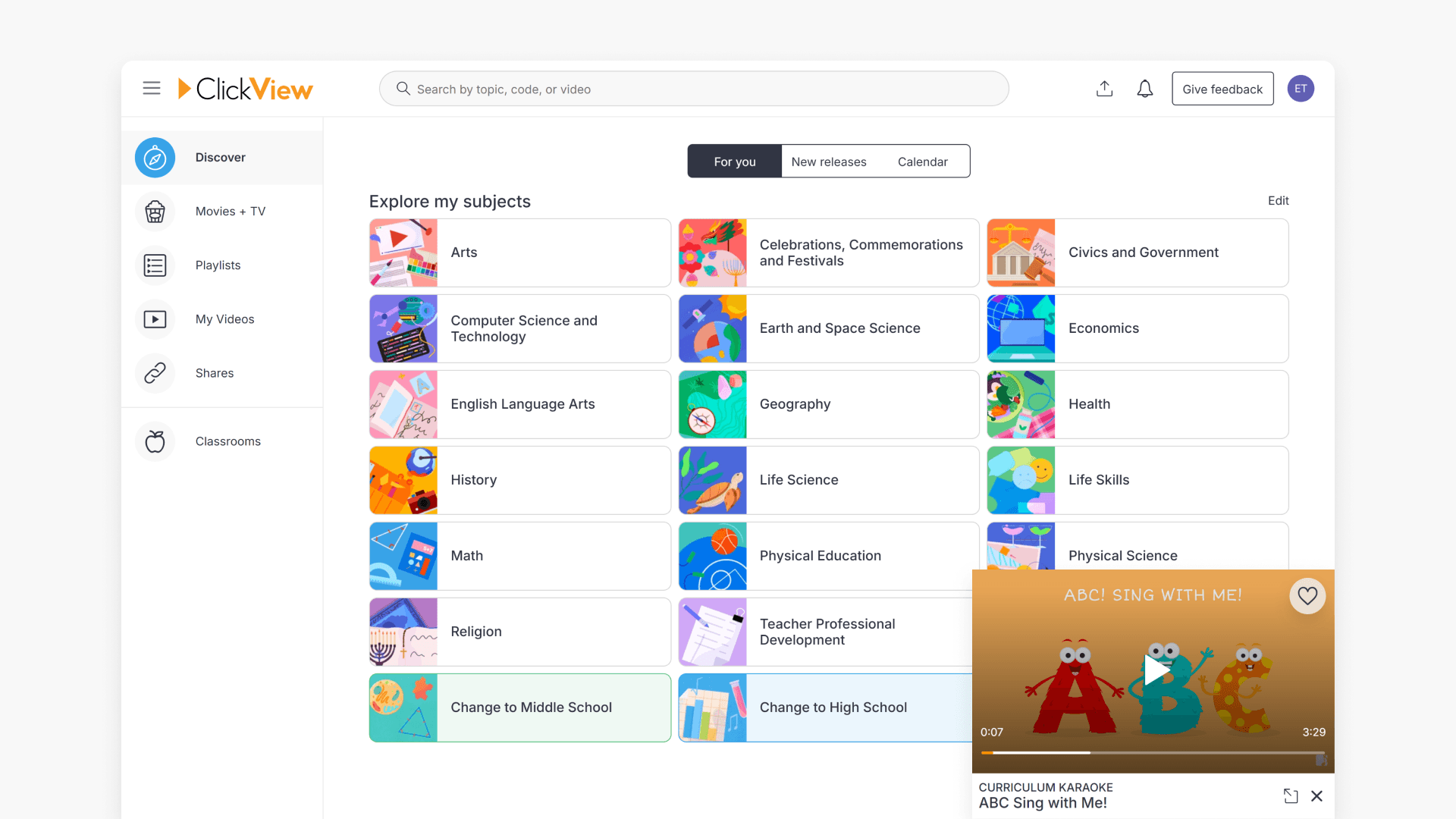 Clickview website interface with video player