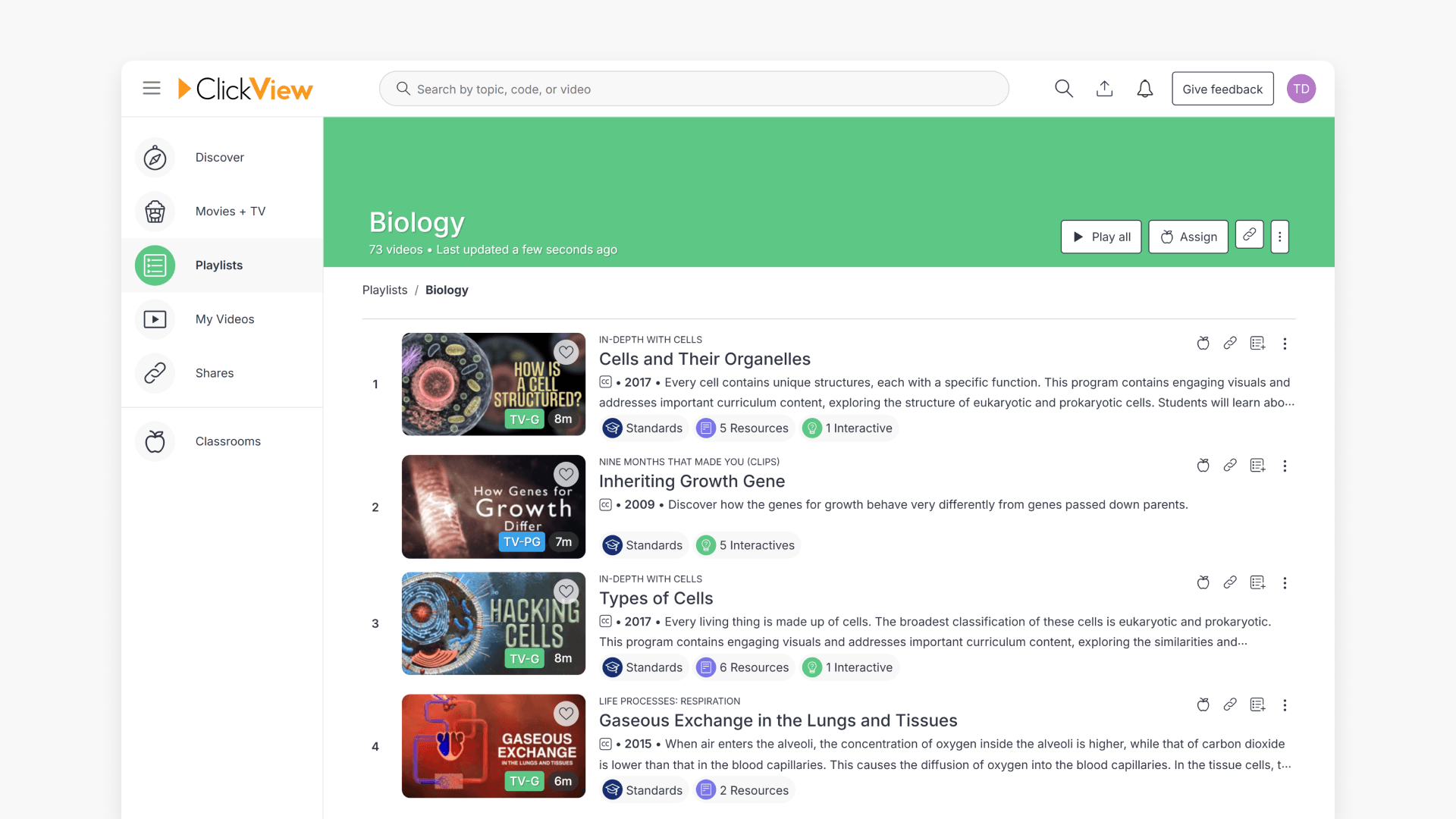 ClickView Playlists user interface