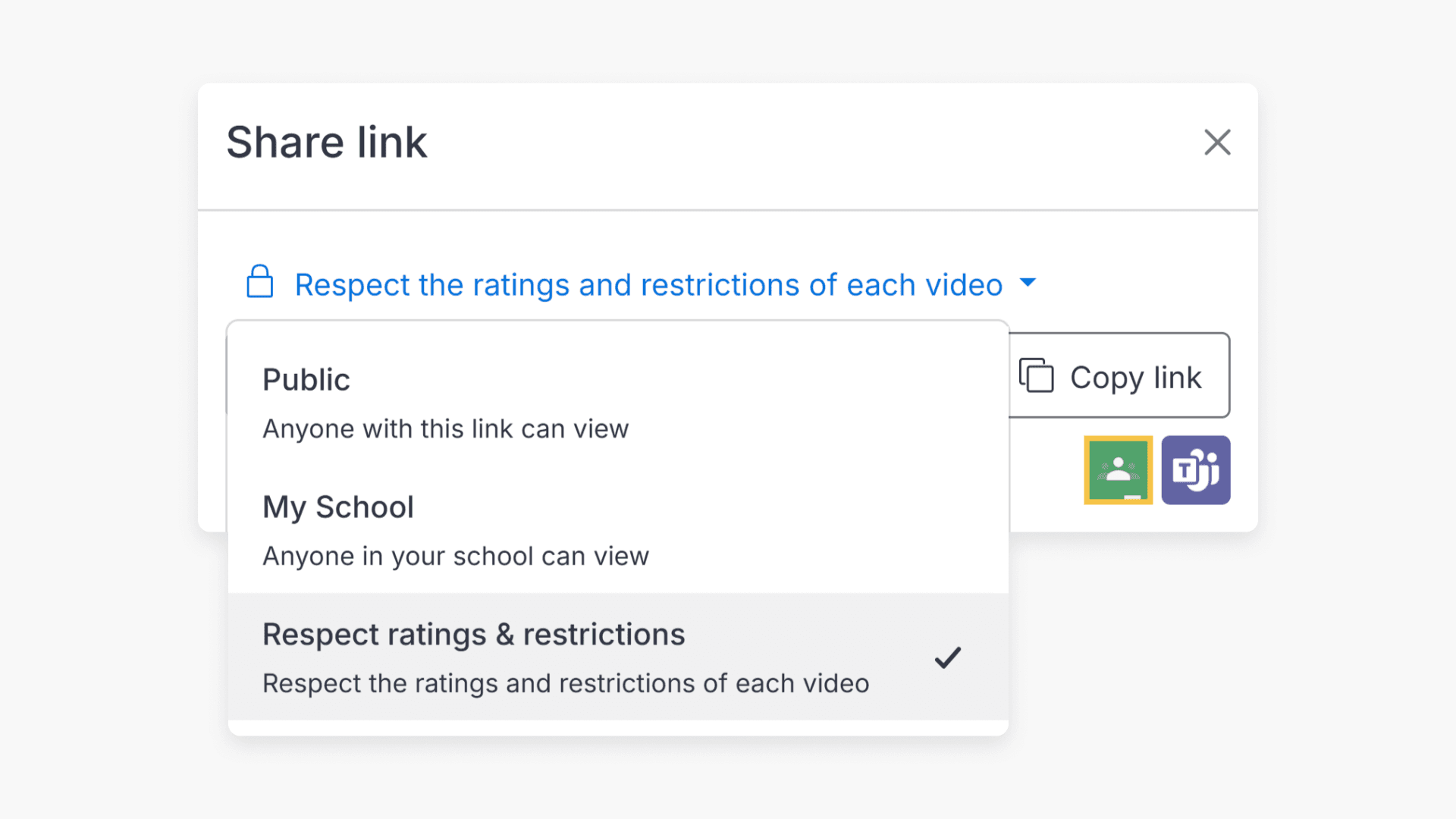 Pop-up showing the options for privacy of sharing link