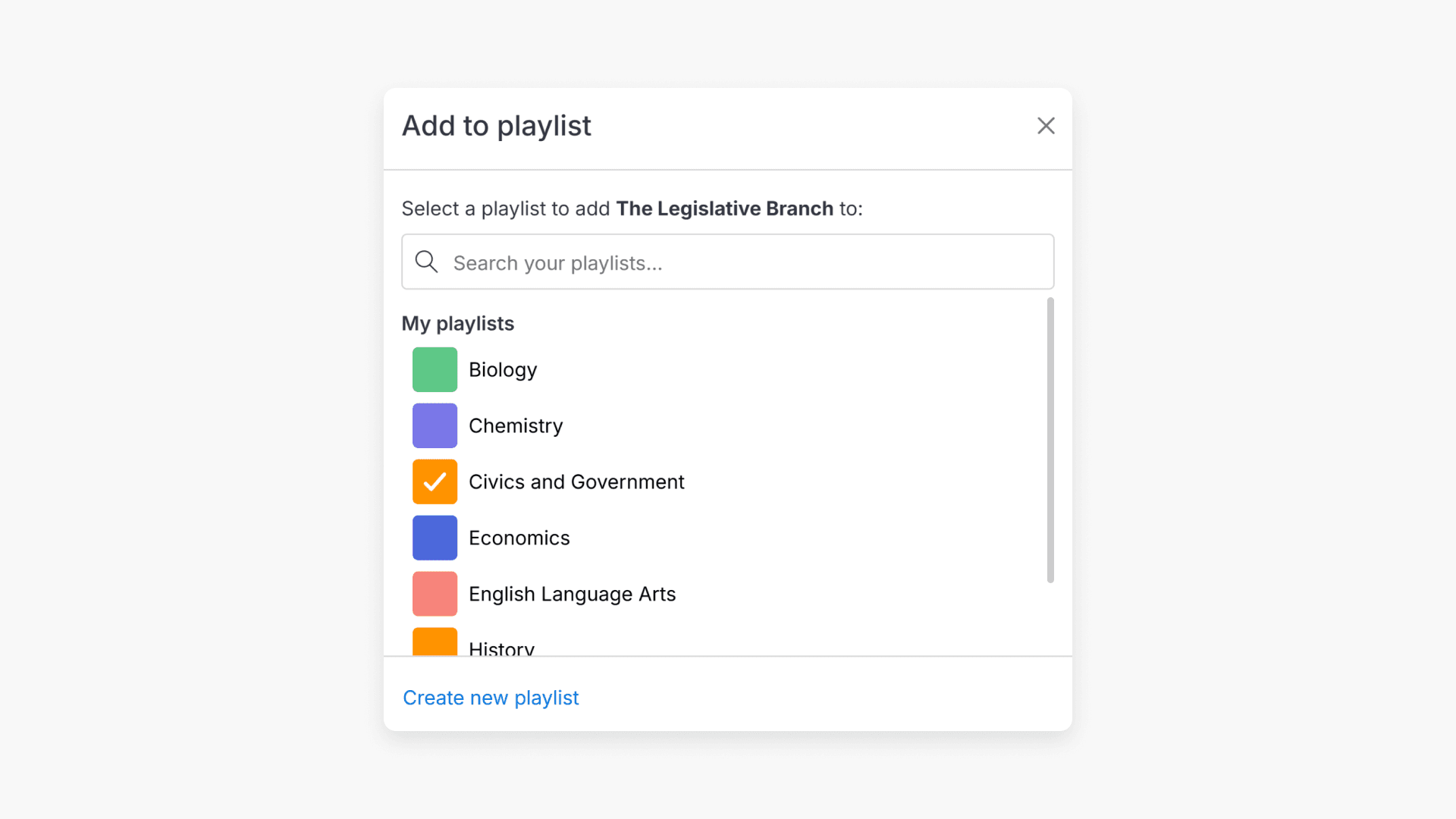 'Add to playlist' pop-up window