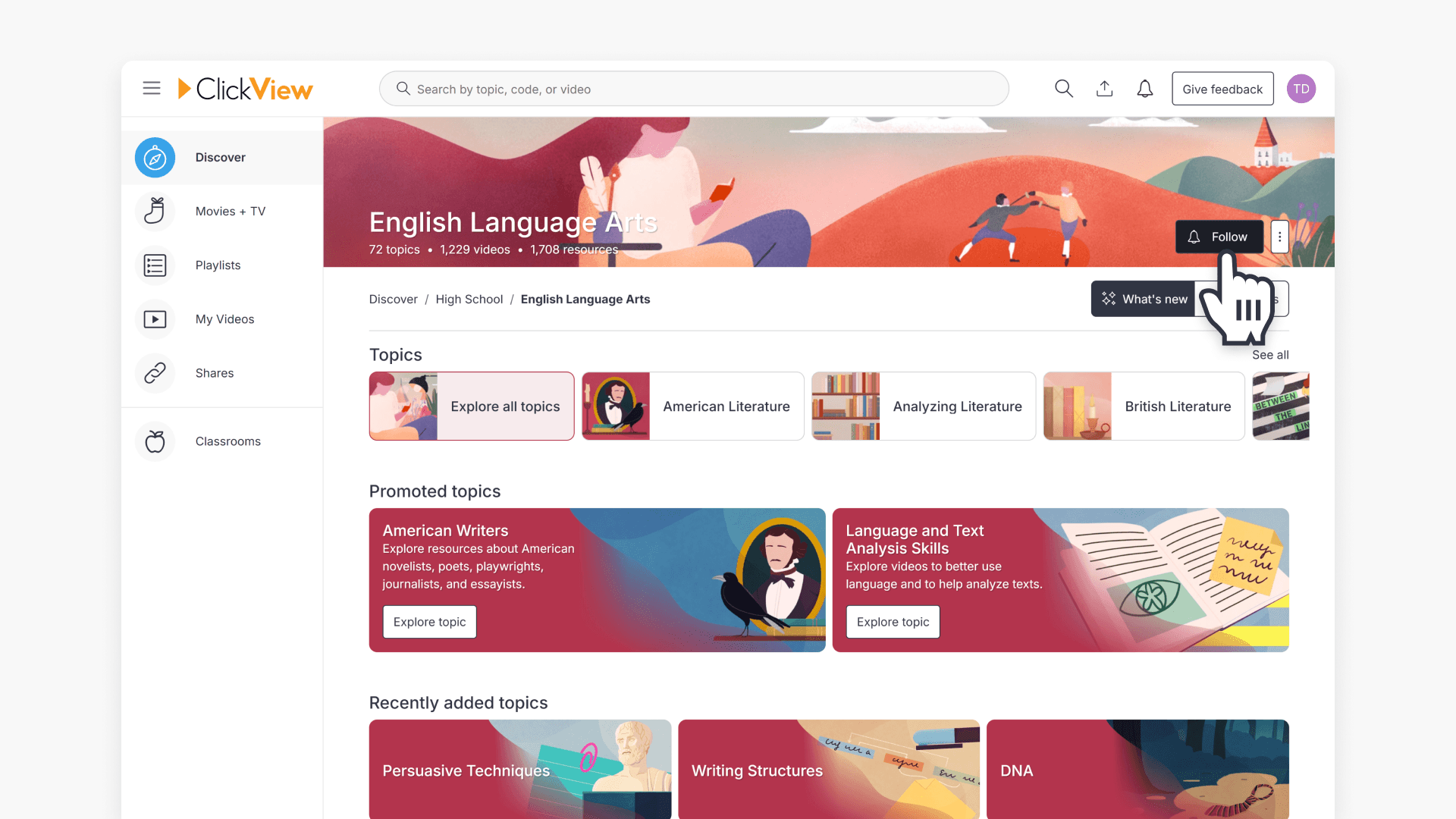 Hand pointing to 'Follow' button in a Subject page