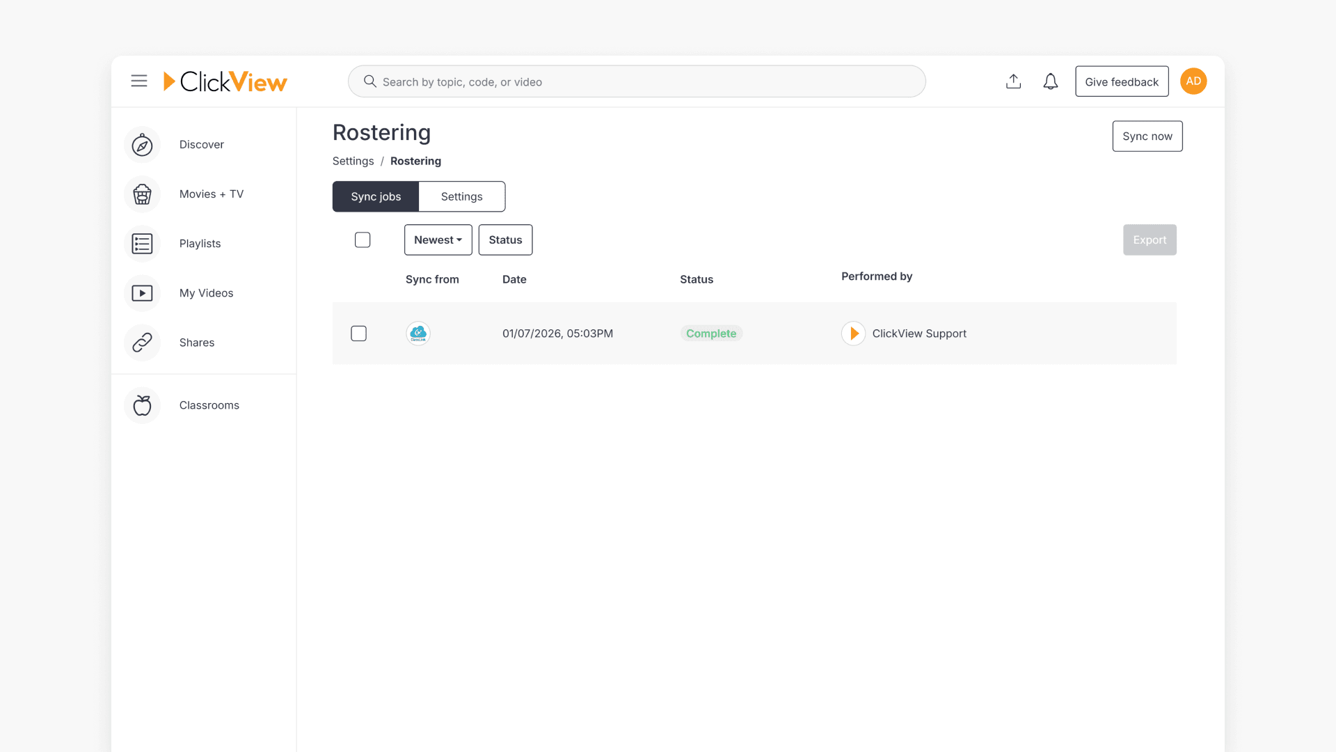 The ClickView rostering page displays all district integration and rostering data