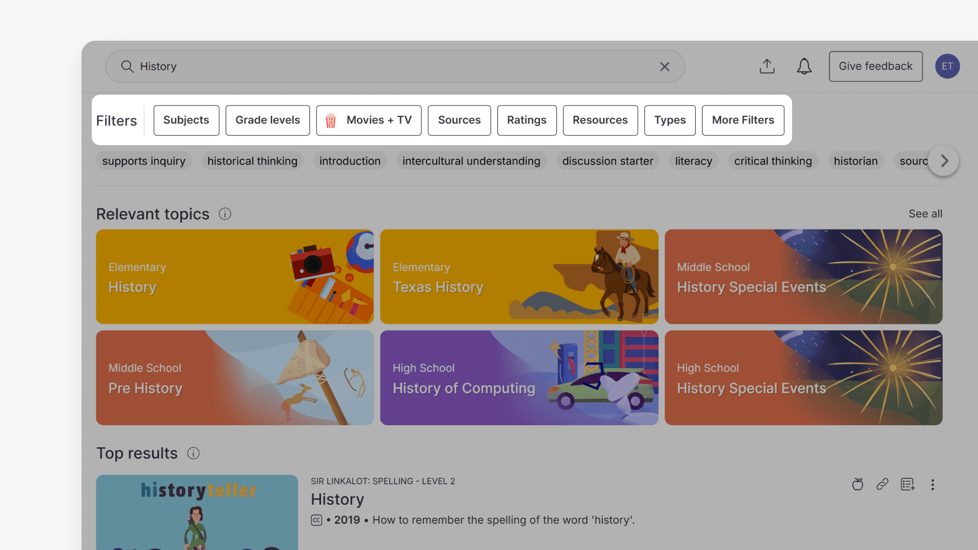 Window highlighting search filters in the search result