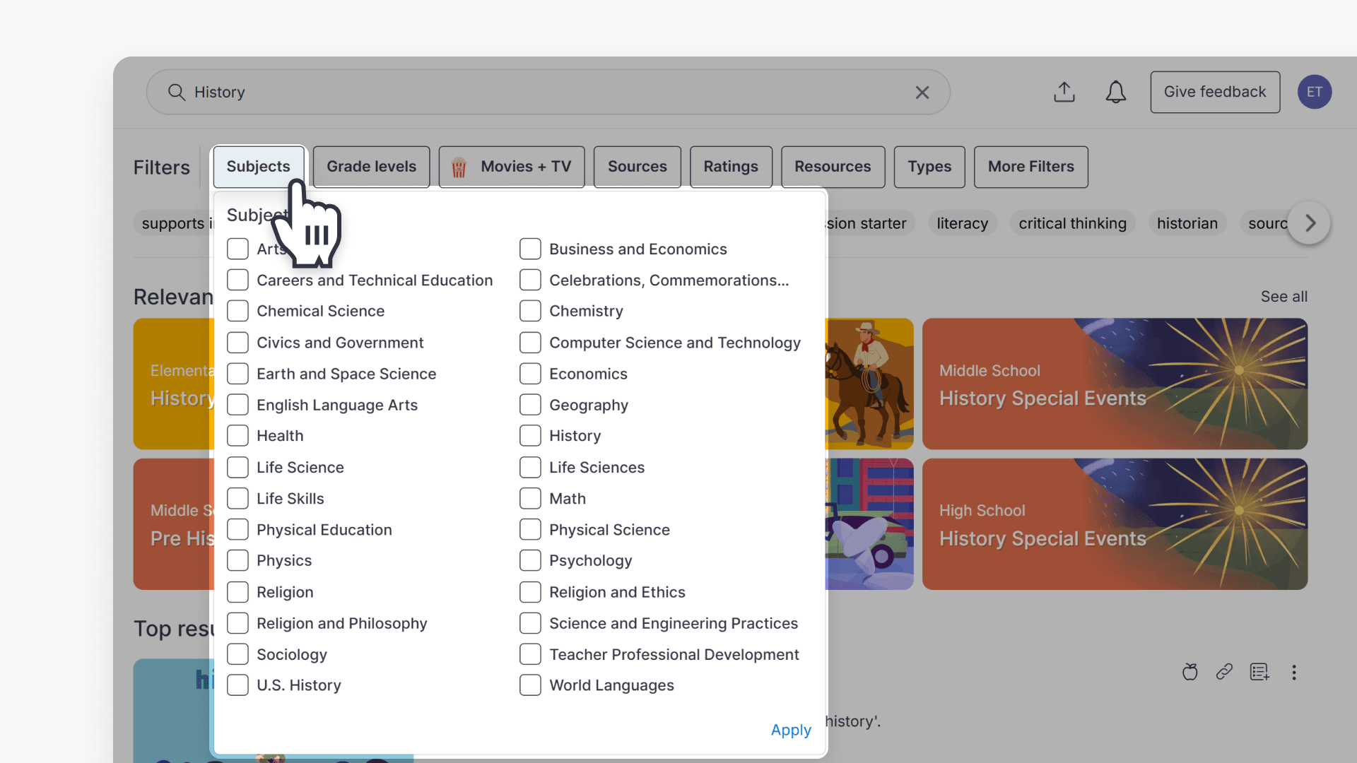 Filter ClickView video search results by subject area