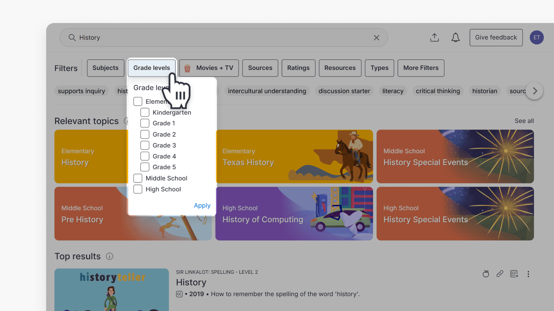 Hand pointing to 'Grade levels' filter while showing the options under it