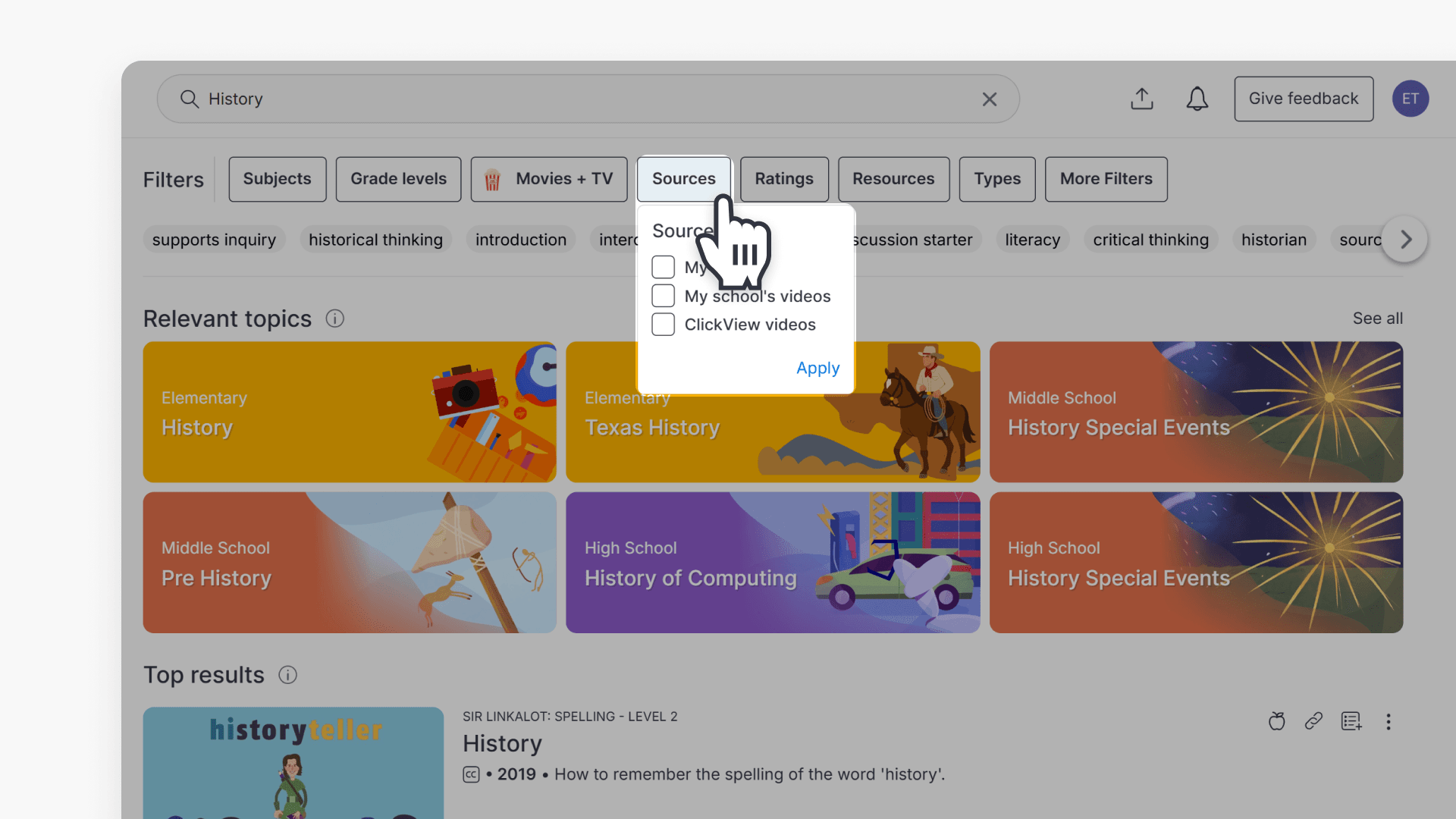 Hand pointing to 'Sources' filter while showing the options under it