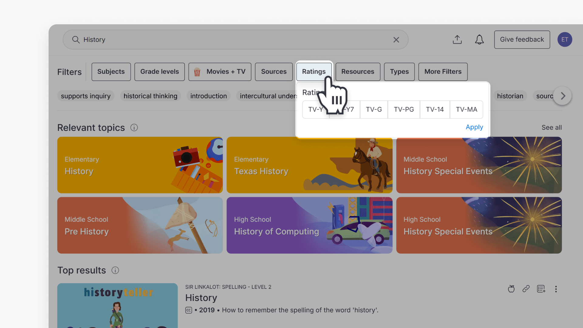 Hand pointing to 'Ratings' filter while showing the options under it