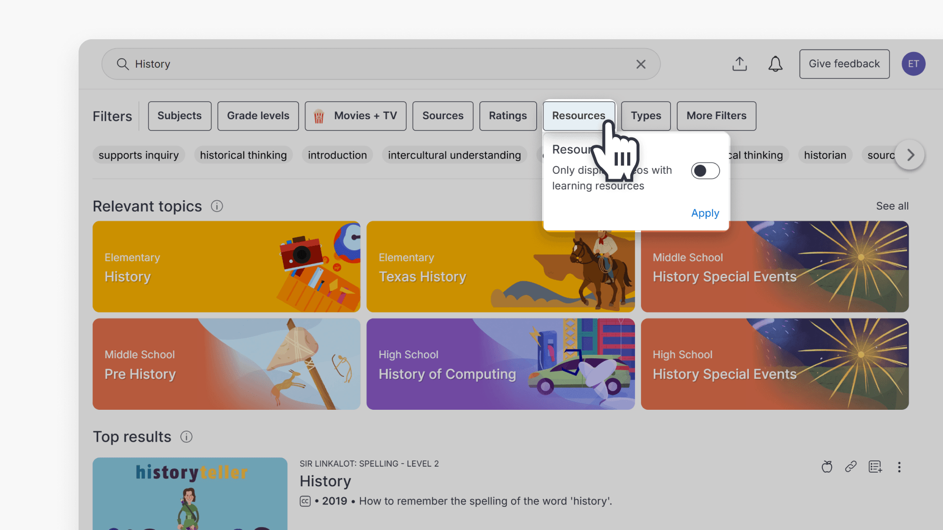 Hand pointing to 'Resources' filter while showing the options under it