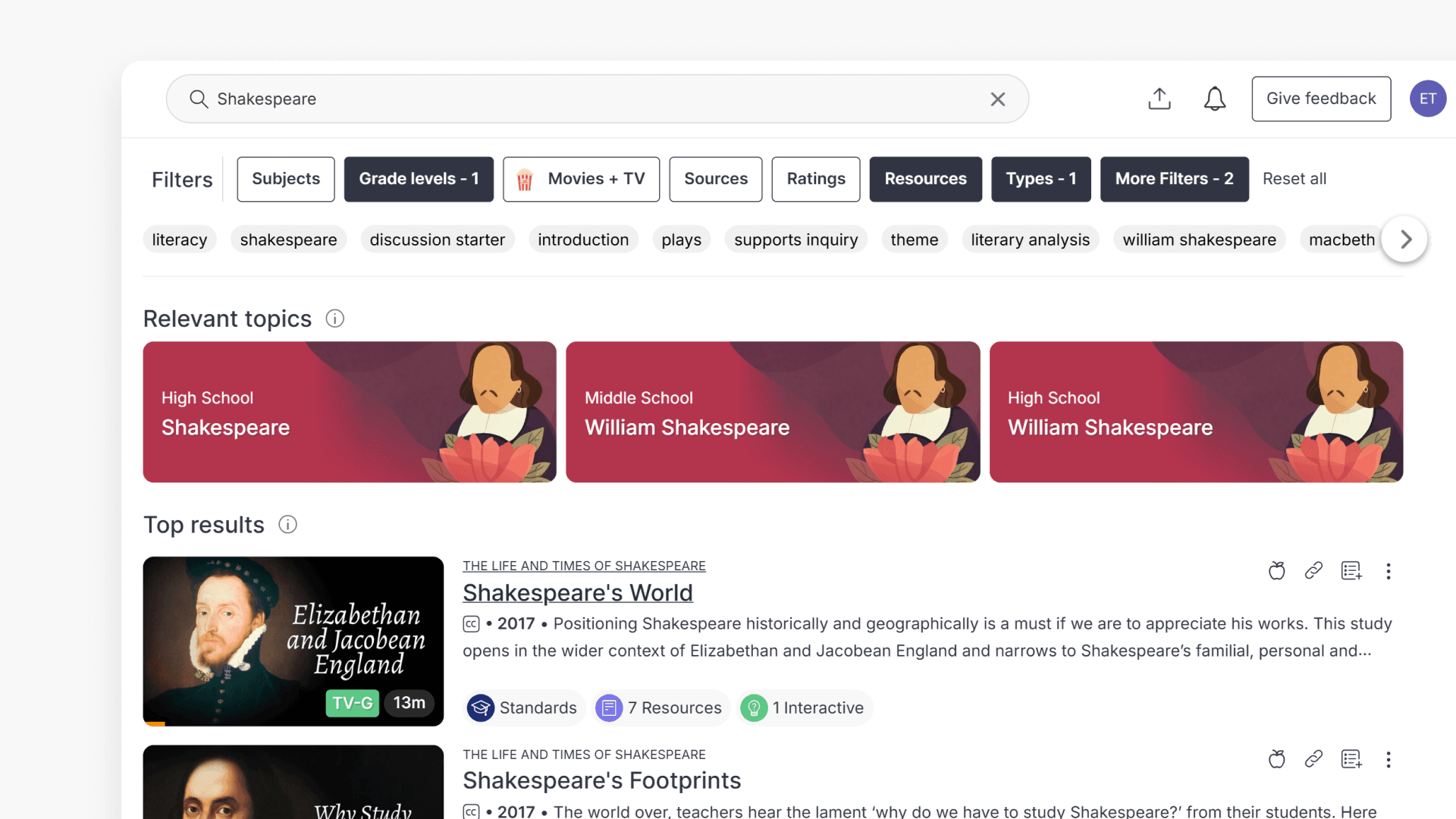 Window showing the search results with applied filters