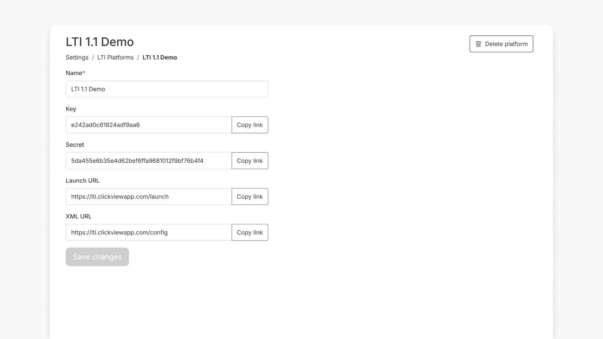 LTI demo platform interface