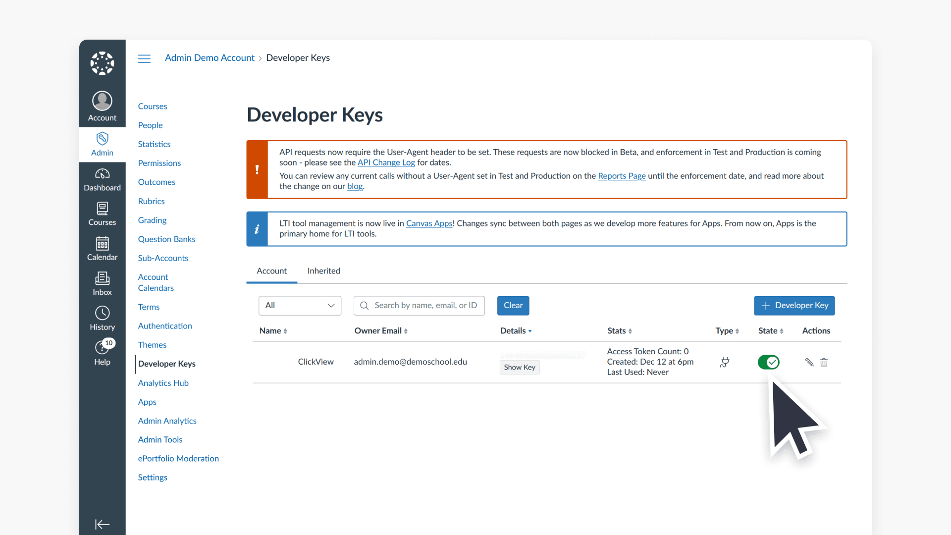 Developer keys settings interface