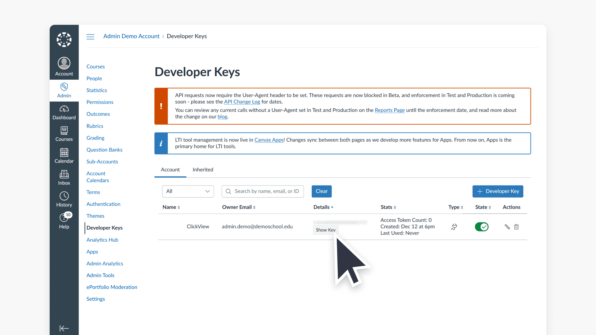Developer keys settings interface