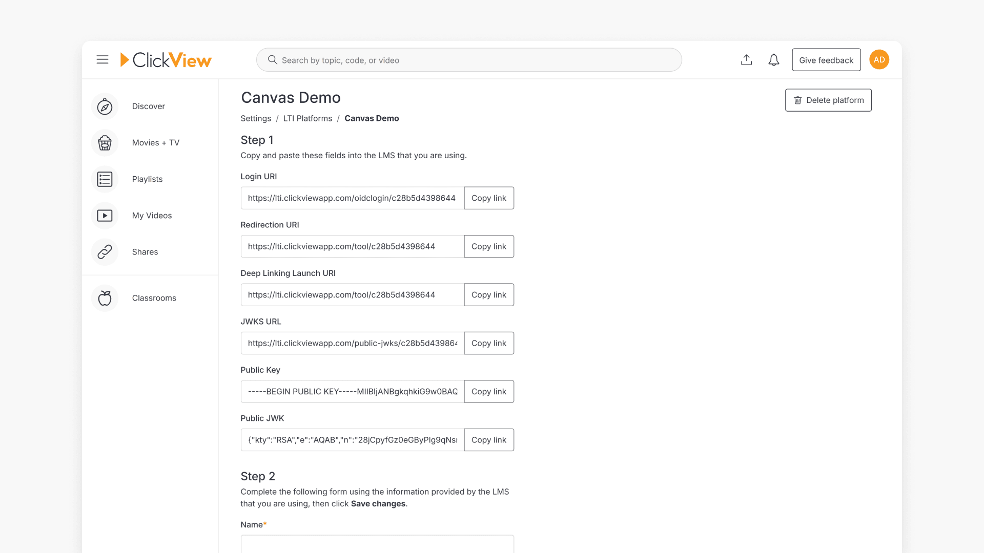 Clickview canvas demo interface