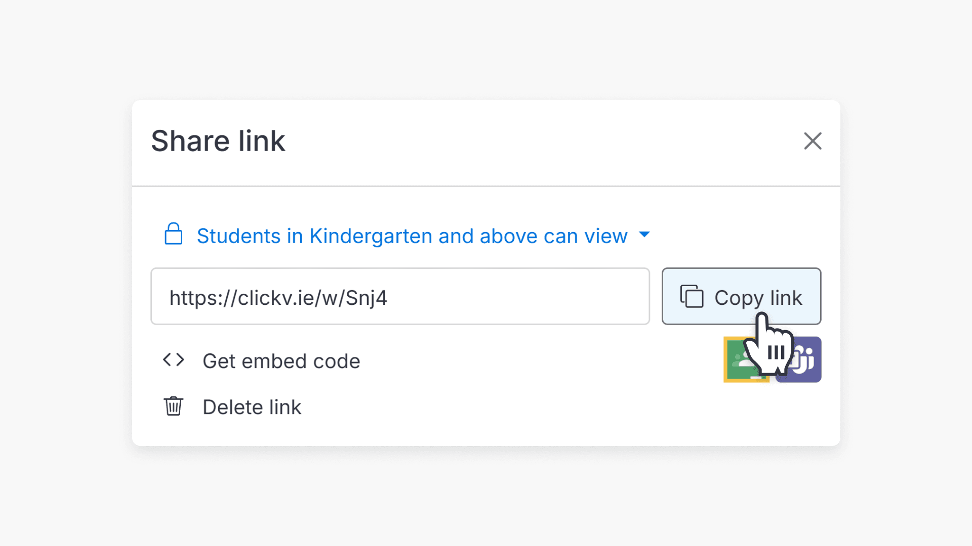 Hand pointing at the 'Copy link' button of Share link pop-up