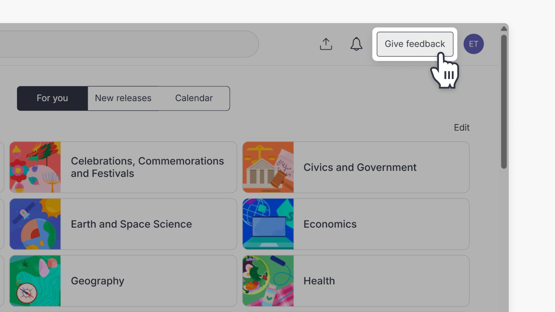 A hand pointing to the "Give feedback" button at the upper right of the window