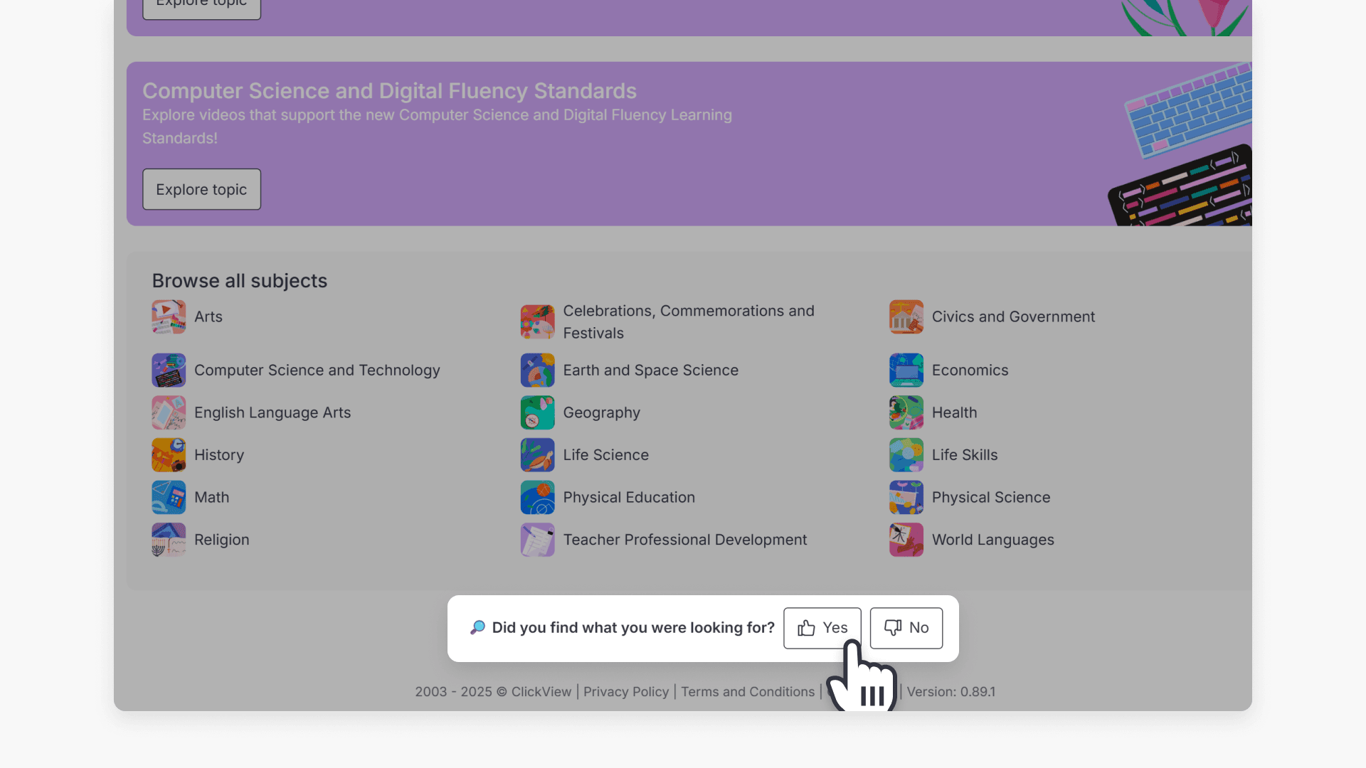Hand pointing at the 'Yes' button of the highlighted "Did you find what you were looking for?"