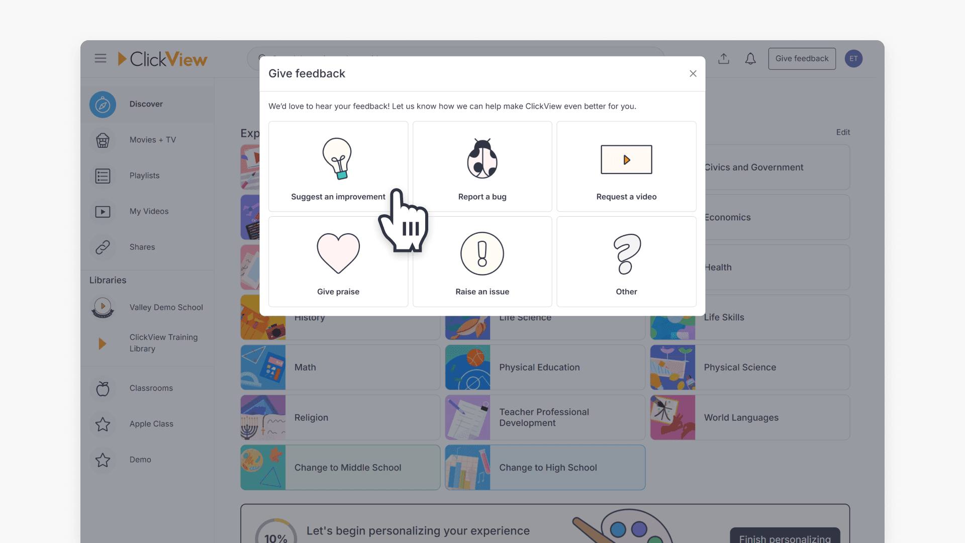 A hand pointing to the "Suggest an improvement" in the Give feedback pop-up