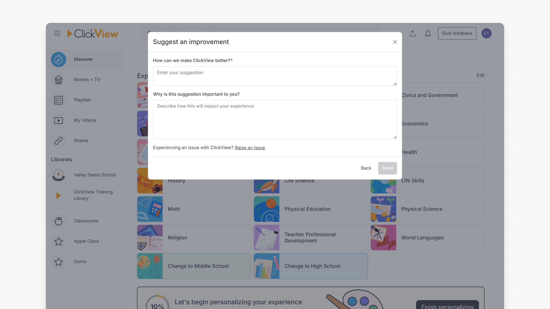 Window showing the content of the 'Suggest an improvement' pop-up