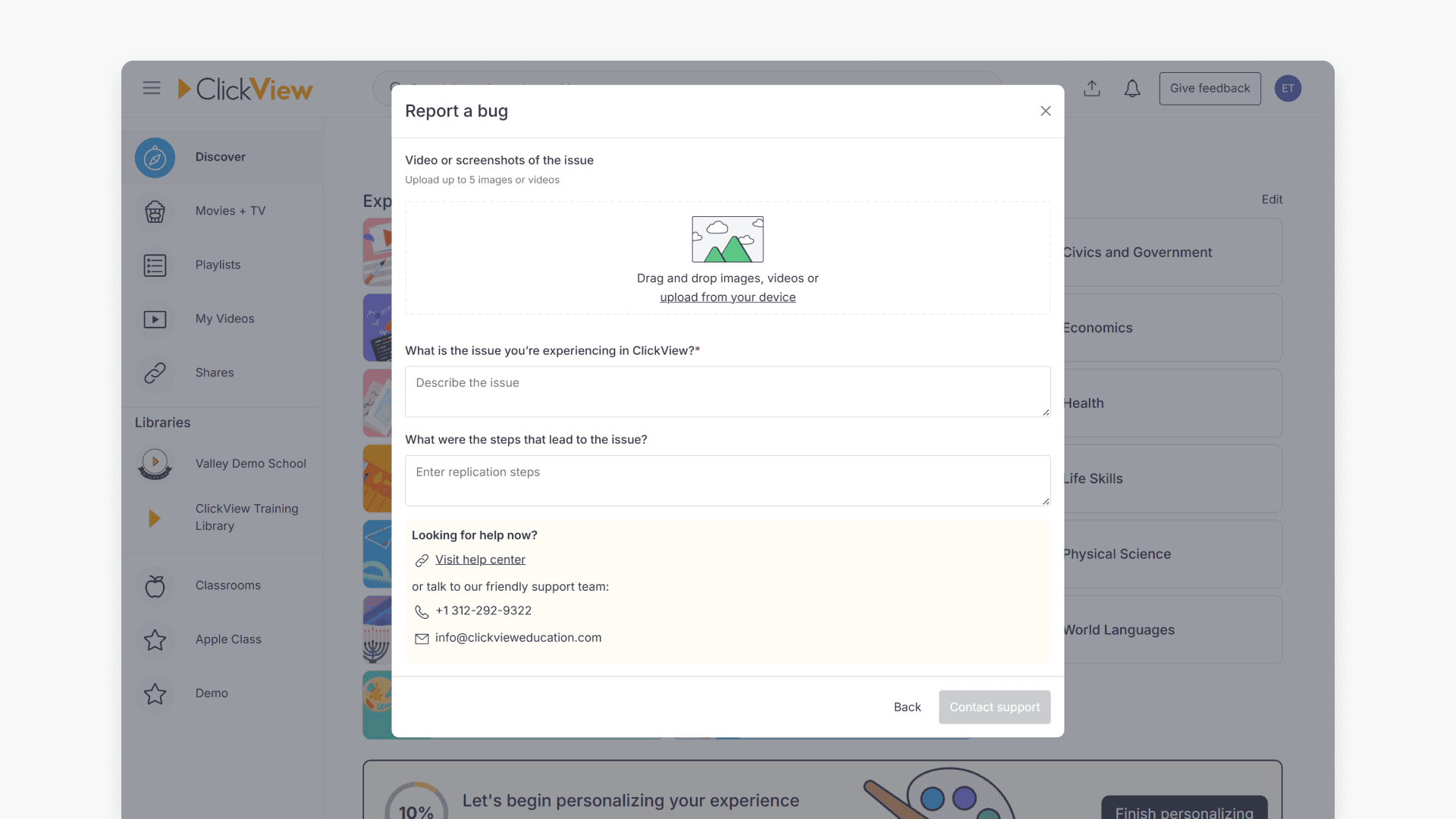 Window showing the content of the 'Report a bug' pop-up