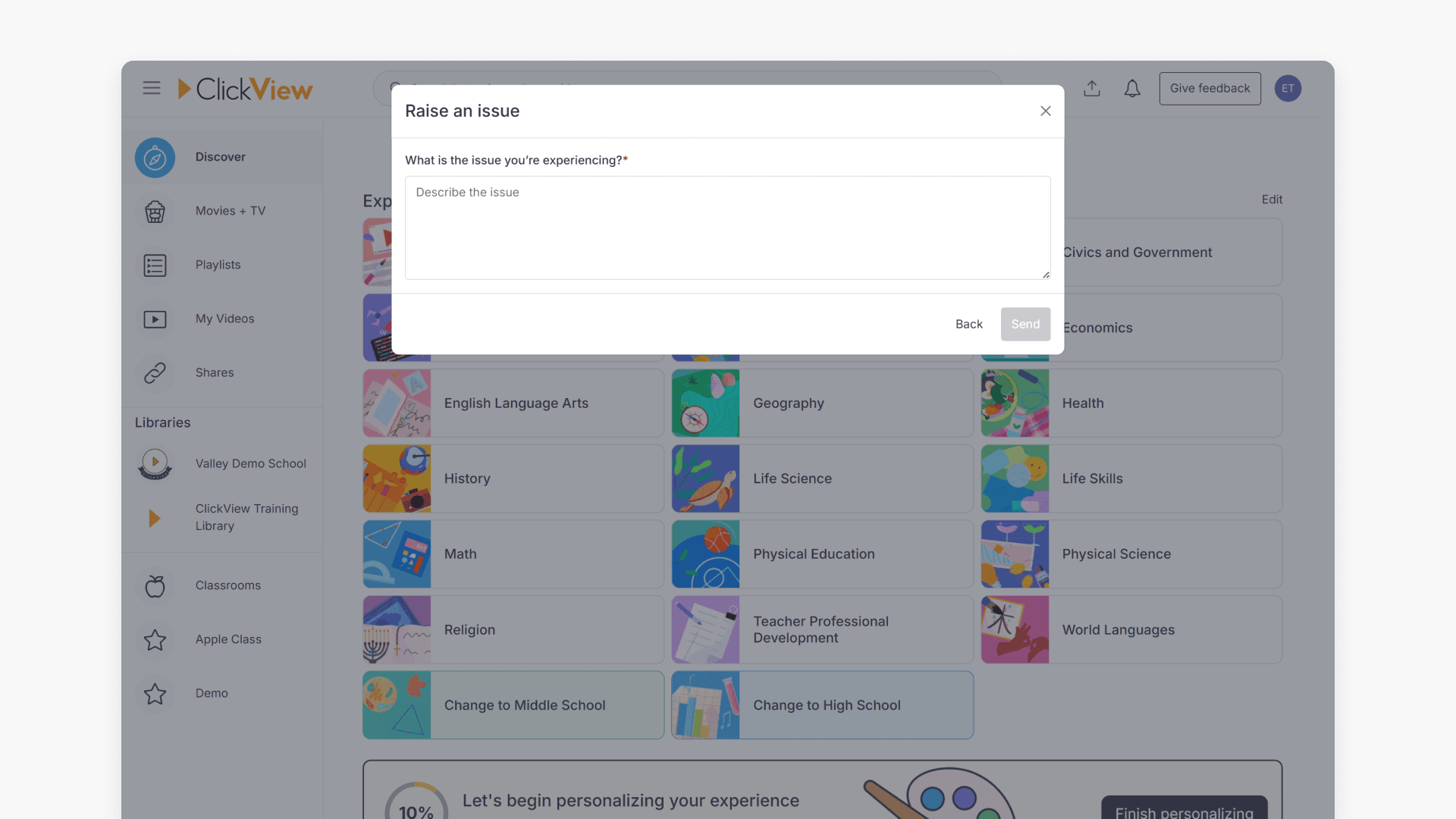 Window showing the content of the 'Raise an issue' pop-up