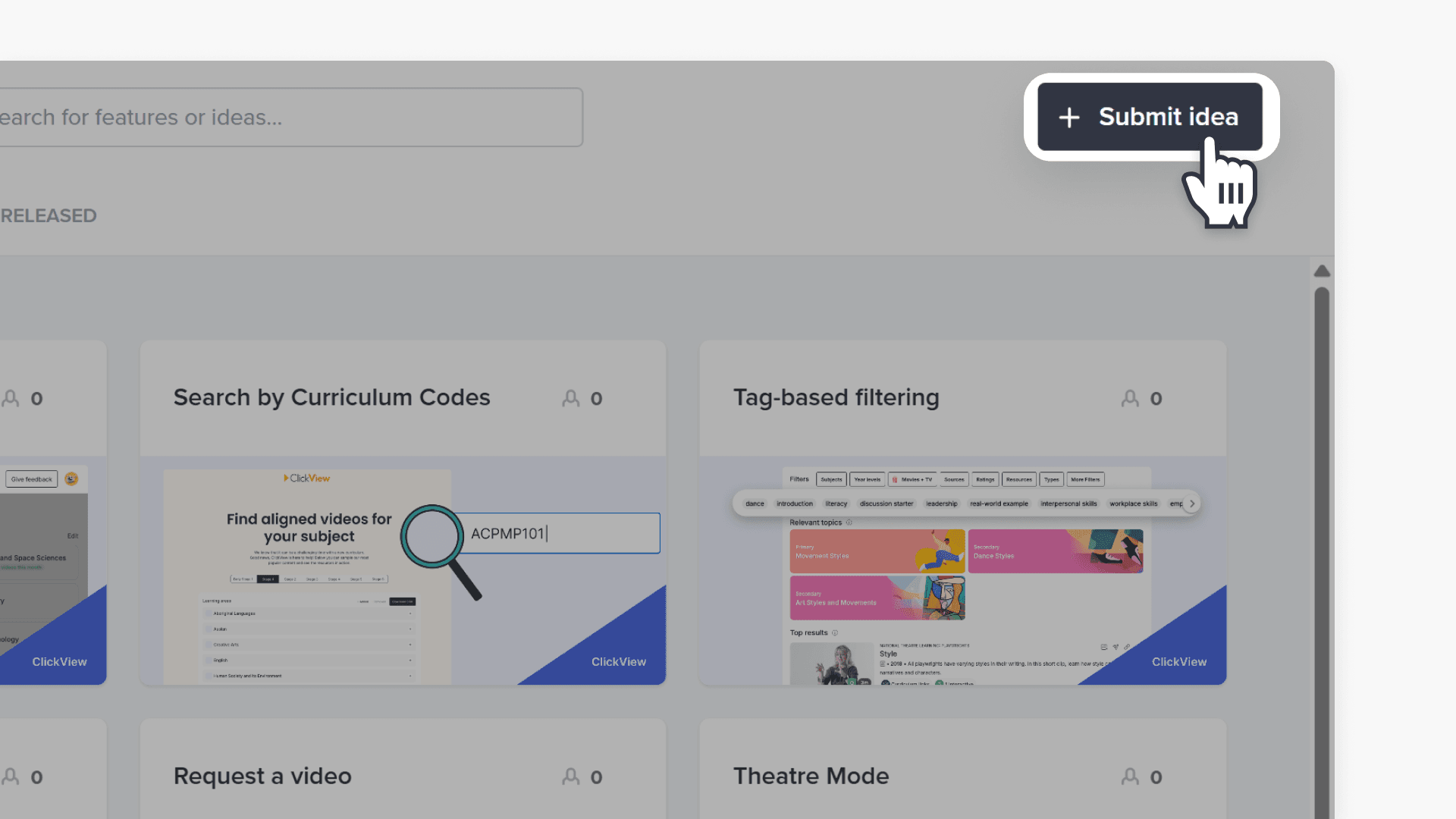 Hand pointing over the "Submit idea" button at the upper right part of the window
