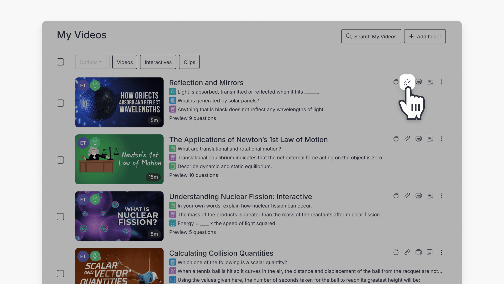 Hand pointing over the "share" icon in My Videos page