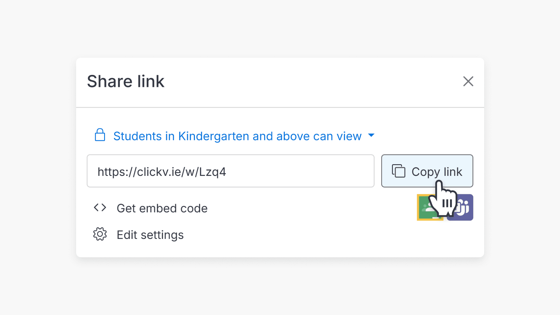Hand pointing at the 'Copy link' button of Share link pop-up