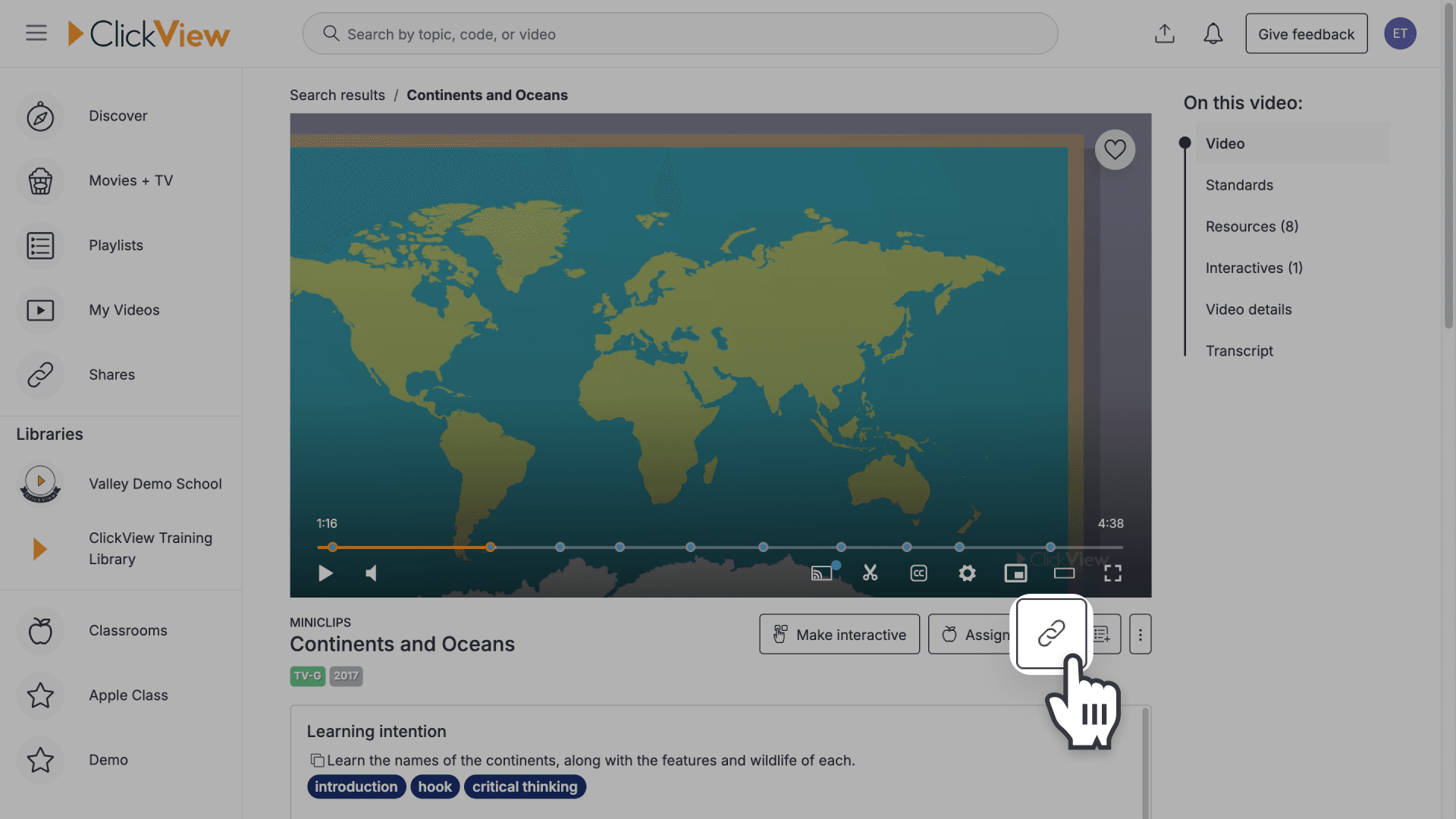 Hand pointing over to 'Share' icon in a play page