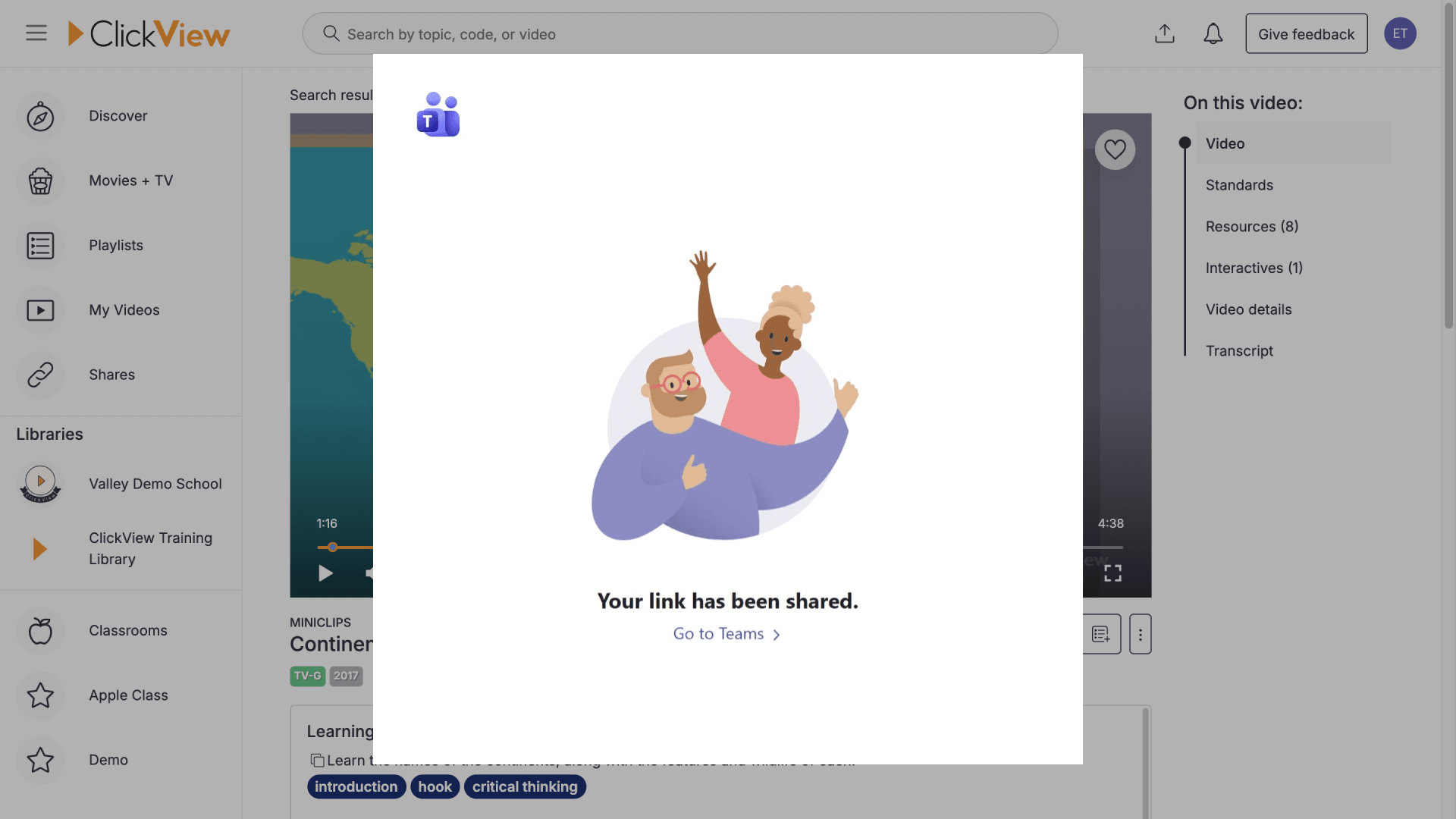 Window showing the confirmation that the link has been shared