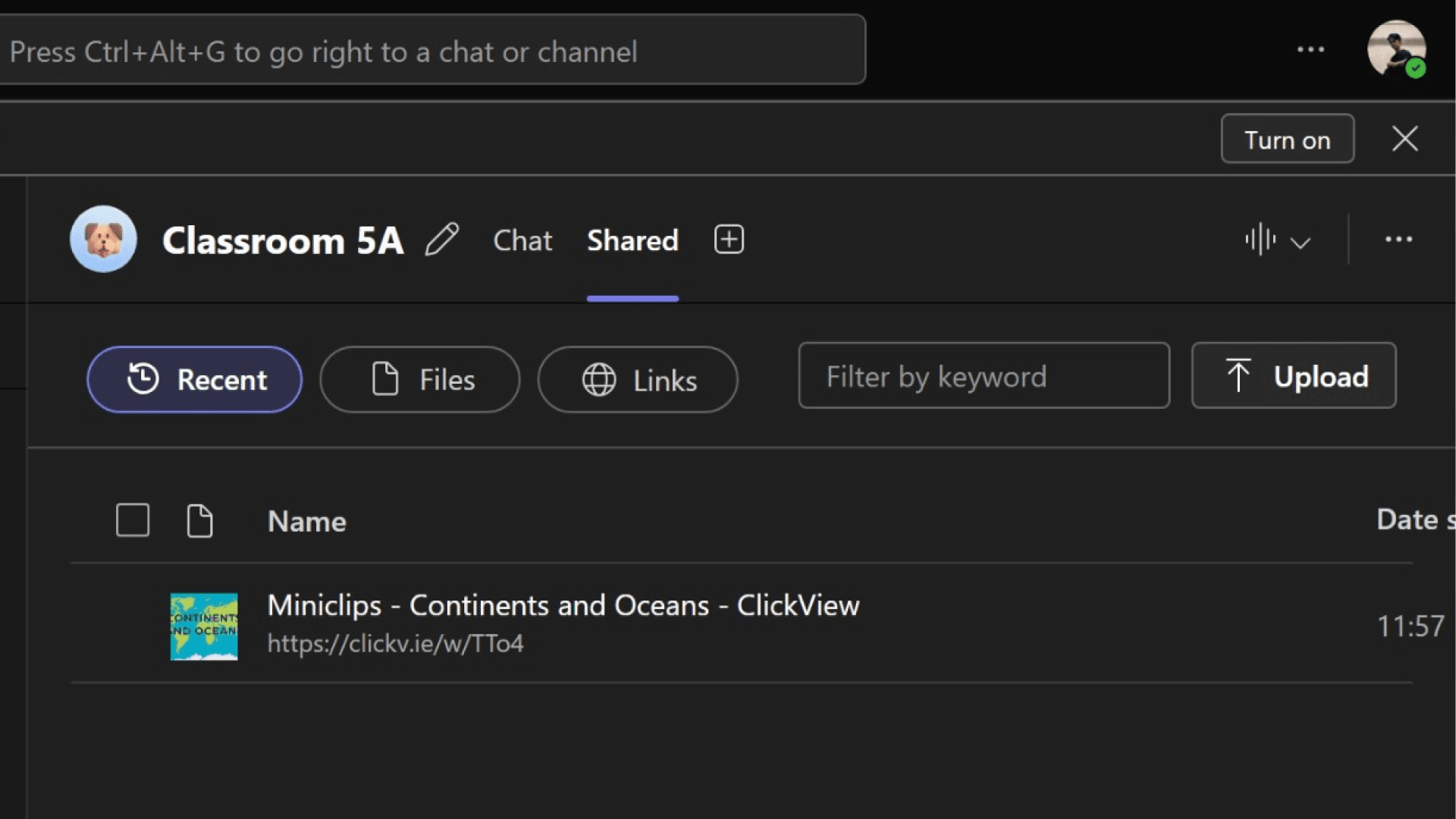 Microsoft Teams showing the video in the Shared tab