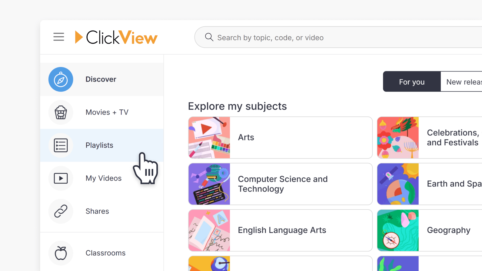 Hand pointing over "Playlists" in the left navigation