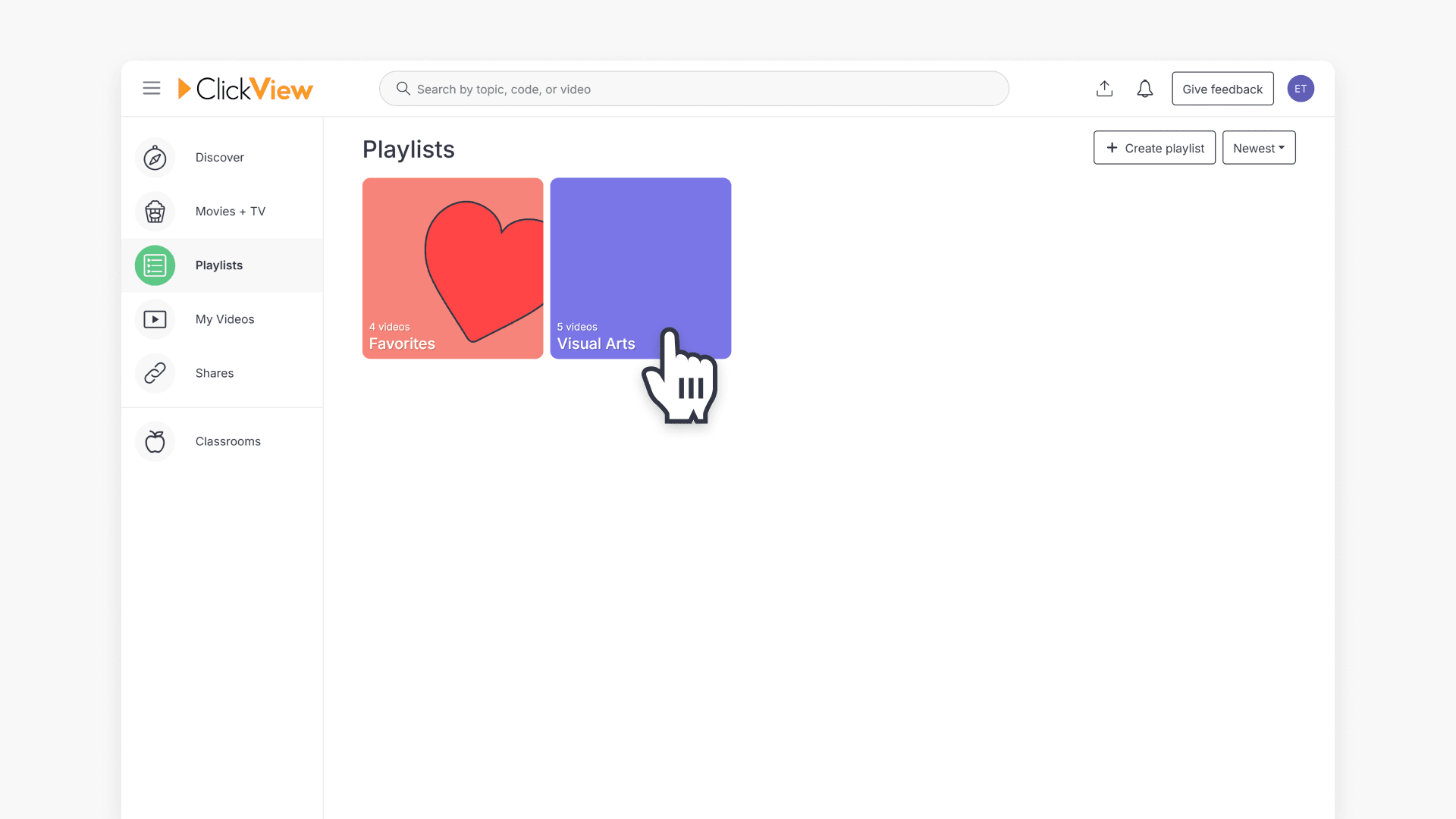 Hand pointing over one of the folders in the Playlists page