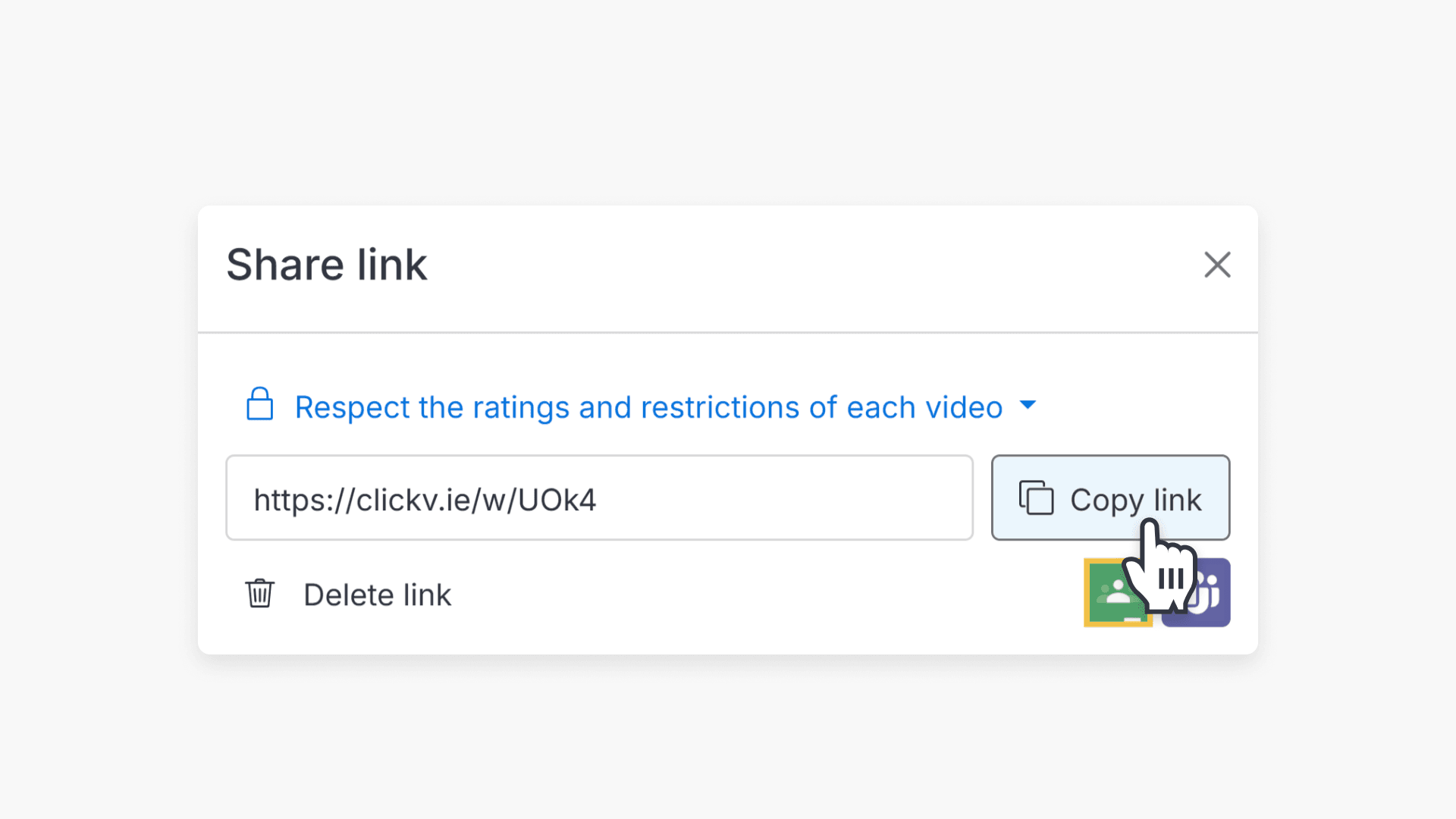 Hand pointing at "Copy link" button in the 'Share link' pop-up