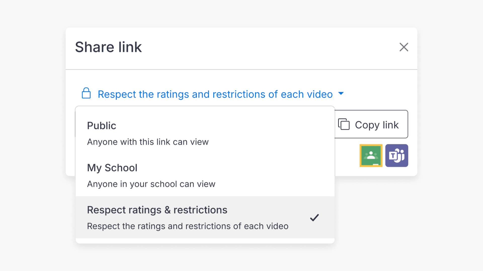 Pop-up showing the options for privacy of sharing link