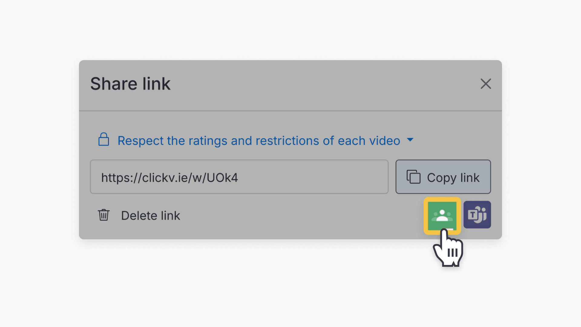 Hand pointing at Google Classroom icon in the 'Share link' pop-up