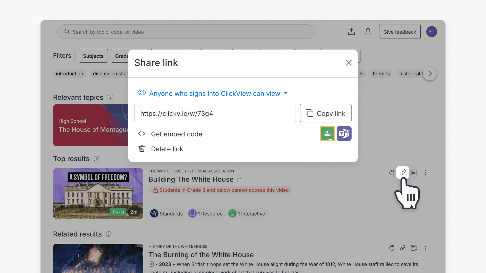 Pop-up window of share link